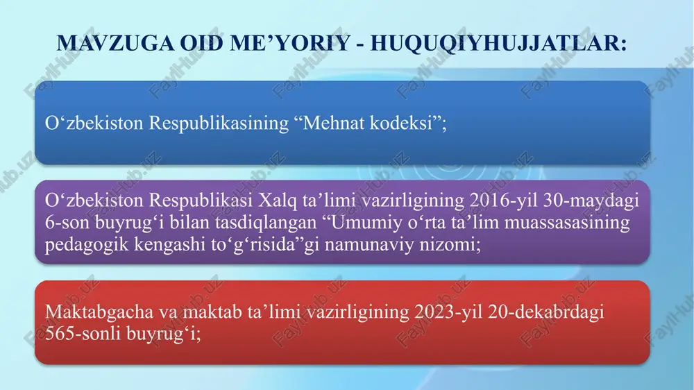 ratish bizga o‘qituvchilar o‘z ishlarini doimiy ravishda takomillashtirishga va o‘quvchilarimiz ta'limida yaxshi natijalarga erishishga intiladigan rag‘batlantiruvchi va qo‘llab-quvvatlovchi muhitni yaratishga imkon beradi va “ ahil jamoani” shakllantiramiz. chora-tadbir muammo muammoning yechimi amalga oshirish mexanizmi mas’ullar muddat natija o‘quv ishlari bo‘yicha direktor o‘rinbosari va xodimlar o‘rtasidagi nizolar. dars taqsimlashning haqqoniy va halolligini ta’minlash, ustozlarning toifasiga ko‘ra dars taqsimoti o‘tkazish. o‘quv ishlari bo‘yicha direktor o‘rinbosari o‘quv yili davomida jmoa orasidagi nizolar barham topadi. o‘quvchilarn savodxoligini yuqori darajada emasligi. milliy reytingga munosib tayyorgarlik ko‘rish. o‘quv ishlari bo‘yicha direktor o‘rinbosari o‘quv yili davomida har chorak monitoring qilinsa maqsadga muvofiq bo’lidi. o‘quv ishlari bo‘yicha director o’rinbosarining yuklamalari ko‘pligi. direktorlar vakolati doirasidan chiqmagan holda vazifalar berish. maktab direktori. o‘quv yili davomida o‘quv ishlari bo‘yicha director o’rinbosarlari bosim ostida ishlamaydi. 15 e’tiboringiz uchun rahmat!! image5.png image6.jpeg image7.jpeg image2.png image3.png image4.png image8.png image9.png image10.png image14.png image11.png image12.png image13.png image15.png image16.png image17.png image18.png image1.png image19.jfif image20.jpg image21.png