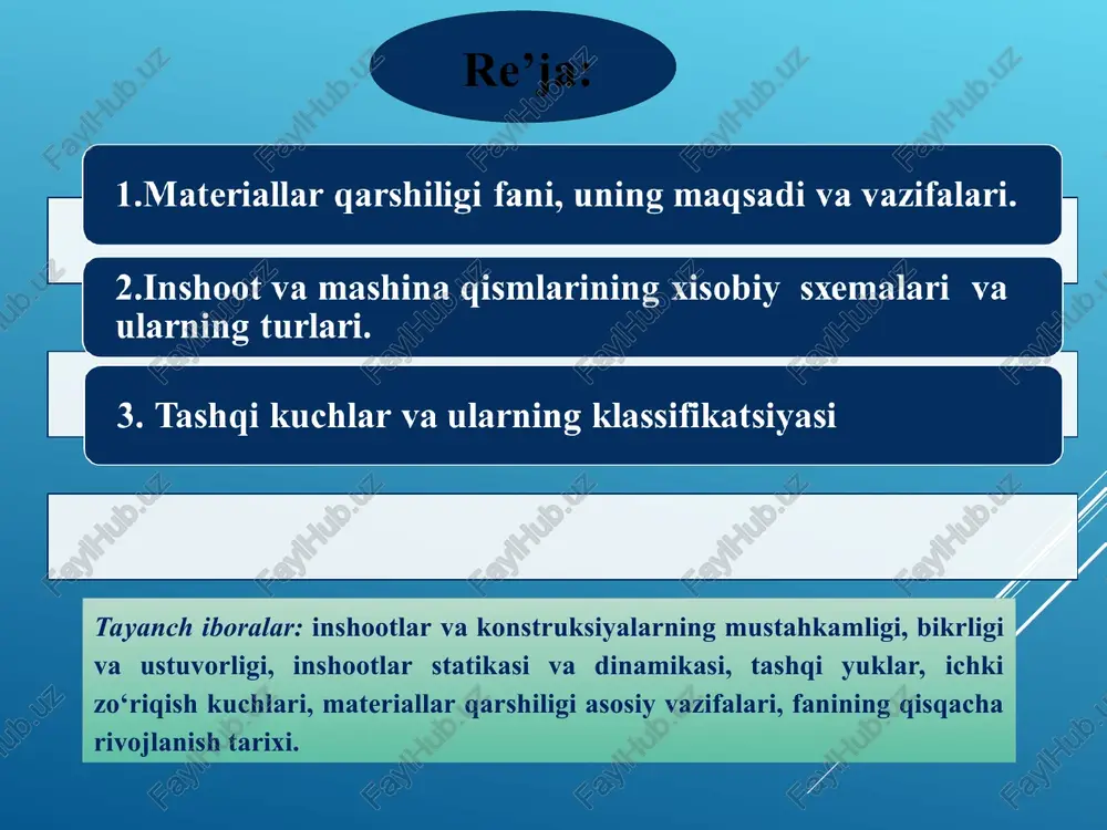 2) ajratilgan qismlarning biri, masalan, o’ng tomoni tashlab yuborilib, chap tomoni qoldiriladi. bunda kesilgan qismlarning muvozanati buziladi; 3) tashlangan qismning qolgan qismiga ilgari ko’rsatgan tasiri gi, f2 ...kuchlar bilan almashtiriladi, bu kuchlar kesim yuzi bo’yicha taqsimlanadi yani ular kesimning har bir nuqtasiga qo’yilgan bo’lishi kerak; 4) qoldirilgan chap kismining muvozanat sharti yoziladi. sterjenga tekis kuchlar sistemasi tasir qilayotgan bo’lsa, quydagi muvozanat tenglamalaridan foydalaniladi. agar tasir qilayotgan kuchlar bir tekislikda yotmasa bir-tekislikda-yotmaydigan fazoviy sistema uchun berilgan oltita muvozanat tenglamalaridan foydalaniladi. agar tasir qilayotgan kuchlar bir tekislikda yotmasa, fazoviy sistema uchun berilgan oltita muvozanat tenglamalaridan fo’ydalaniladi. umumiy holda bursning ko’ndalang kesim yuzasida oltita ichki kuch faktori hosil bo’ladi. ichki bo’ylama kuch n x , ko’ndalang kuchlar q y va q z lar, hamda buralish momenti m x , vertikal va gorizontal tekisliklarda ichki eguvchi momentlar m y m z , bu ichki kuch faktorlarini yuqoridagi statikaning muvozanat tenglamalari yordamida topiladi. kuchlanishlar. normal …