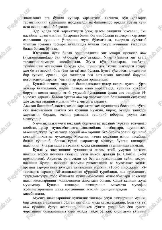 jada chegaralangan umumiy diapazonda ham amalga oshirilishi mumkin. buni bir planli harakat deb atash ham mumkin. unga ko'pincha taxminan bir xil darajadagi sadolanish kuchi muvofiq keladi. musiqaning xarakteri, registri va hokazolarga qarab kuyning taranglik darajasi turlicha bo'lishi mumkin. yuqoriga intiluvchi, ayniqsa, ozmi-ko'pmi uzunrok, yoki keng diapazonga ega bo'lgan kuylar harakatida ko'pincha taranglik ifodasi sifatida xizmat qiladi va crescendo orqali tovush kuchi asta-sekin oshib boradi. pastga tomon yo'naluvchi, ayniqsa ko'p vaqtni egallovchi yoki katta diapazonga ega bo'lgan kuylar harakatida, aksincha, ko'p hollarda taranglikning tushishini ifodalaydi va diminuendo orqali tovush kuchi asta-sekin pasayib boradi: har holda kuy harakatidagi uzoq davom etadigan yuksalish yoki pasayish taranglikning o'zgarishi bilan bog'liq bo'ladi va deyarli har doim sadolanish kuchining o'zgarishi, juda bo'lmaganda, yuqorida ko'rsatib o'tilgan tomonga teskari yo'nalishda bo'lgan tovush kuchining o'zgarishi bilan bog'liq bo'ladi. yuksalish yo'li bilan erishiladigan eng yuqori nuqtalar avj (kulminatsiya)lar yoki cho'qqilar deb ataladi. ular ko'pincha eng katta taranglik-damlari hisoblanadi. juda ko'p …