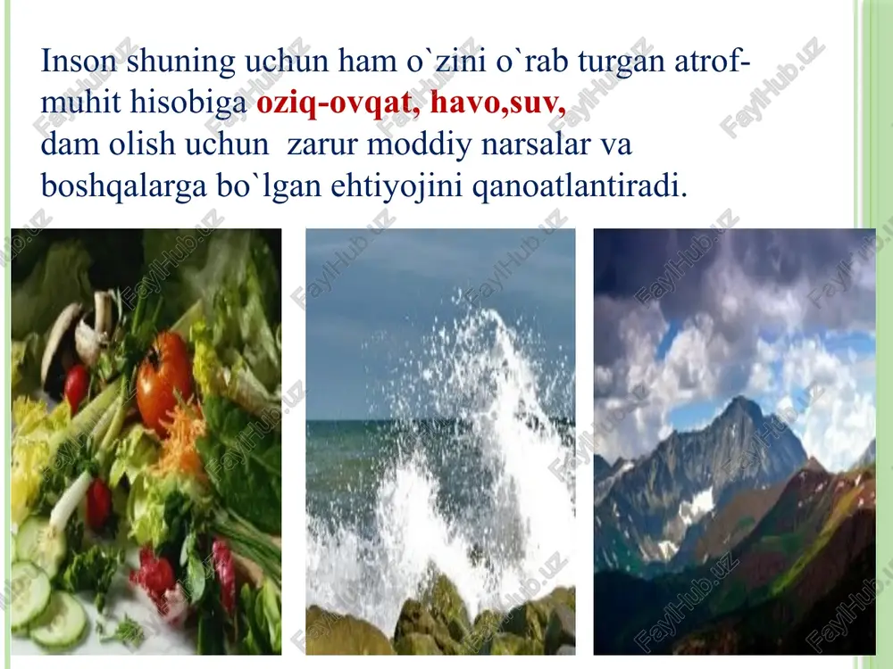 va boshqa oqimlari; hayot faoliyat jarayonida inson iste`mol qiladigan va chiqaradigan asosiy oqimlar: kislorod, oziq-ovqat, suv va boshqa moddalar (alkogol, tamaki, narkotiklar) oqimlari; energiyalar oqimi (mexanik, issiqlik, quyosh va boshqalar); informatsiya oqimlari; hayot faoliyat jarayonidagi chiqindilar oqimi; hayot faoliyat xavfsizligi insonni har qanday muhitdagi faoliyatida uning xavfsizligi va sog’ligini ta`minlovchi, xavfli va zararli omillardan himoya qiluvchi amaliyot va nazariyani qamrab olgan ilmiy bilimlar majmuidir. bu fan quyidagi asosiy masalalarni yechadi: atrof muhitning noqulay ta`sirlarini turkumlaydi (aniqlaydi va sonli baholaydi); insonni xavflardan himoyalaydi yoki unga noqulay omillar ta`sirini oldini oladi xavfli va zararli omillarni ta`siri salbiy oqibatlarini tugatish; muhitda insonga normal, shinam sharoit yaratish. maishiy muhit – bu maishiy sharoitdagi insonga ta`sir qiluvchi barcha omillarning yig’indisidir. organizmni maishiy omillarga reaktsiyasini fanning sog’lom turmush tarzi, sog’lom turmush tarzining kasallik profilaktikasi bilan aloqasi masalalariga bag’ishlangan mavzularda o`qish mumkin. ishlab chiqarish muhiti – bu mehnat faoliyati jarayonida insonga ta`sir qiluvchi omillar yig’indisidir.tabiiy muhitdagi xavfsizlik …