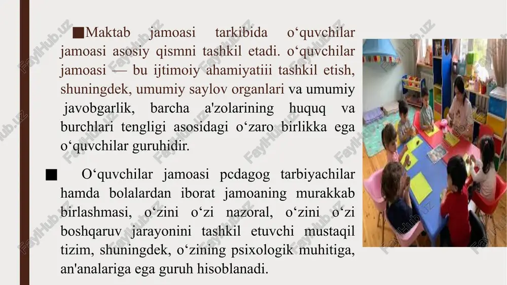 idagilar kiradi: • maqsadlar atrofida moslashtirish • samarali ish munosabatlarini o‘rnatish • jamoa a'zolarining roli noaniqligini kamaytirish • jamoaviy muammolarga echim topish jamoa tuzish - bu tashkilotlarda guruhlarni rivojlantirish bo‘yicha eng ko‘p ishlatiladigan tadbirlardan biridir. umumiy strategiya - bu "jamoani yaratish chekinishi" yoki "korporativ muhabbat" ga ega bo‘lishdir, bu erda jamoa a'zolari asosiy muammolarni hal qilishga harakat qilishadi va odatdagidek jamoa sifatida qilmaydigan ishlarga kirishish orqali ishonchni kuchaytiradilar. barcha tashkiliy faoliyatlarning birida bitta tadqiqot natijalariga ko‘ra jamoaviy rivojlanish tashkilotning ish faoliyatini yaxshilash uchun eng kuchli ta'sirga ega (moliyaviy chora-tadbirlarga nisbatan). 2008 yilgi meta-tahlil natijalariga ko‘ra, jamoani shakllantirish va jamoaviy mashg'ulotlarni o‘z ichiga olgan jamoani rivojlantirish faoliyati ham jamoaning ob'ektiv ko‘rsatkichlarini, ham jamoaning sub'ektivligini yaxshilaydi. foydalanilgan adabiyotlar 1.a.a.ikramov, g.n.davranova, a.a.ikramova qiyosiy pedagogika. o‘quv qo‘llanma buxoro-2022. 2.imom ismoil al-buxoriy. al-adab al-mufrad (adab durdonalari). t., «o‘zbekiston», 2007 y. 3. o.hasanboyev, j.hasanboyev, h.homidov. pedagogika tarixi. t., “oʻqituvchi”, 2023 4. nishonova s. komil inson tarbiyasi. …
