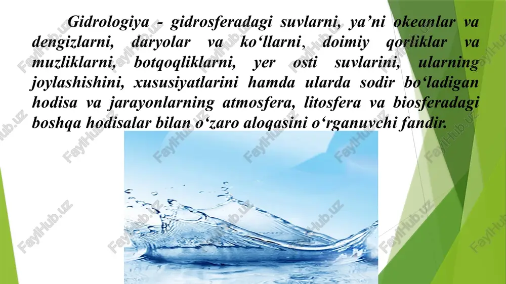 lishidan hosil bo’lsa, daryo boshi sifatida ular qo’shilgan joy qabul qilinadi. daryoning uzunligi esa katta irmoq bilan qo’shib hisoblanadi. har qanday daryoni, uning uzunligi bo’yicha, bir-biridan farq qiladigan umumiy belgilariga qarab, quyidagi uch qismga - yuqori oqim, o’rta oqim va quyi oqimlarga bo’lish mumkin. daryo ko’lga, dengizga yoki ikkinchi bir daryoga qo’shiladigan joy uning quyilishi deyiladi. ko’llarga, dengizlarga quyiladigan yirik daryolarning quyilish qismida ular tarmoqlanib, o’zanning murakkab shakllari - deltalar hosil qiladi. bunga dengiz yoki ko’ldagi suvning to’lqinlanishi, ko’tarilishi, pasayishi sabab bo’ladi. qurg’oqchil hududlarda esa daryolar ba’zan quyilish qismiga yetib bormaydi. bunda daryo suvining katta qismi bug’lanishga, o’zan tubiga shimilishga va asosan sug’orishga sarf bo’ladi. o’rta osiyoda ko’pgina daryolar (murg’ob, tajan, zarafshon, qashqadaryo)ni bunga misol qilib keltirish mumkin. daryo deltasi yer sirtiga yoqqan yog’inlardan hosil bo’lgan suvni ikki qarama-qarshi yo’nalishdagi yonbag’irlar bo’yicha taqsimlaydigan eng baland nuqtalar o’rni suvayirg’ich chizig’ini hosil qiladi. yer kurrasining quruqlik qismiga yoqqan yog’inlardan hosil bo’lgan yuza …