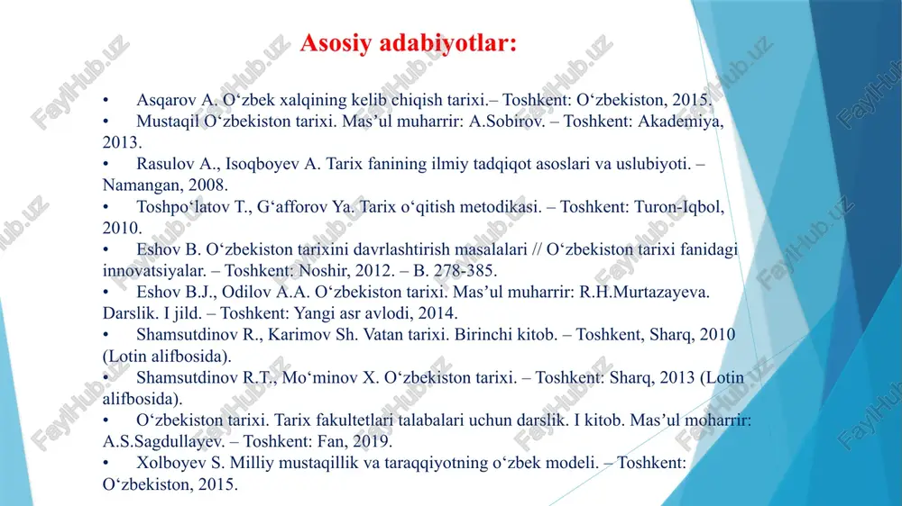 ktsiya) 3. o‘zbekistonning eng yangi tarixini davrlashtirish. o‘zbekiston tarixini zamon talablariga asoslanib davrlashtirish masalasida turlicha nuqtayi nazarlar mavjud. bu masala yuzasidan, xususan, eng qadimgi davrlardan bugungi kunga qadar bo‘lgan tariximizni davrlashtirishda eʼtibor berilishi lozim bo‘lgan tarixiy-madaniy jarayonlar, masalaga sivilizatsion yondashuv, davrlashtirishning metodologik asoslari kabi masalalarga a.asqarov, e.rtveladze, a.sagdullayev va boshqa olimlar eʼtibor qaratganlar. so‘nggi yillarda amalga oshirilgan tadqiqotlardan kelib chiqib, o‘zbekiston tarixini davrlashtirish masalalariga qisqacha to‘xtalib o‘tish lozim. tarixni davrlashtirish masalasi a.asqarovning “o‘zbek xalqining kelib chiqish tarixi” monografiyasida ham keng yoritilgan va unda tarixni davrlashtirishda nimalarga eʼtibor berish lozimligi taʼkidlanib, o‘zbekiston tarixini 7 ta davrga bo‘lib o‘rganish maqsadga muvofiqligi ilgari surilgan. o‘zbekistonda “ibtidoiy to‘da davri”. o‘zbekistonda “ibtidoiy urug‘chilik jamoasi va mulk egaligining shakllanish davri”. bu davrni uch bosqichga bo‘ladi: 1-bosqich – matriarxat urug‘ jamoasi bosqichi. 2-bosqich – xx asrning ikkinchi yarmi davomida jahon fanida shimoliy-sharqiy afrikaning olduvay darasida olib borilgan arxeologik va antropologik izlanishlarga ko‘ra, odamzodning ilk ajdodlari bundan 2,5-3 …