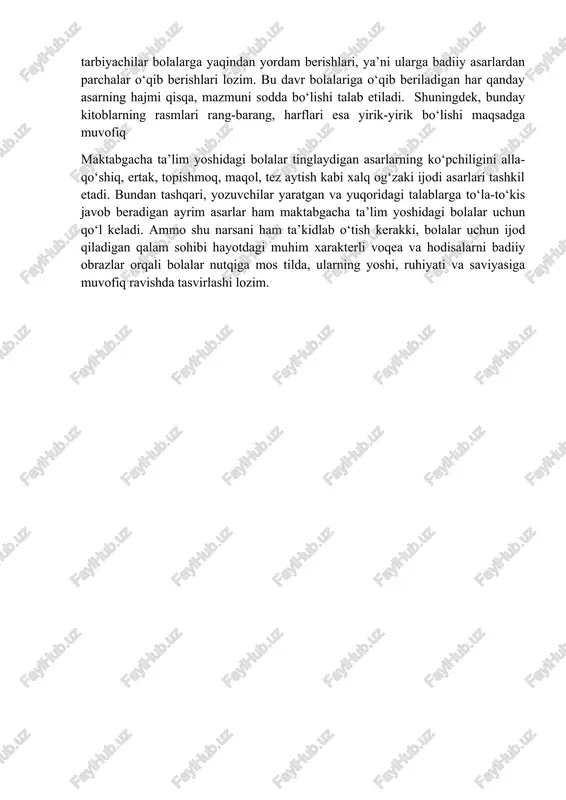 abiyoti revolyutsiyadan ancha oldin tashkil topib, ma’lum traditsiyalarga ega bo‘lganini e’tirof etgan professor h.abdusamatov bu adabiyot shakllanishining ilk qadamlarini hamza nomi bilan bog‘laydi: hamza boshchiligidagi progressiv kuchlar asosan dunyoviy ilmlar, estetik prinsiplar haqida jiddiy narsalar yozib, ularni asta-sekin bolalar ongiga singdirib borishni afzal ko‘rdilar. burjua hamda jadid adabiyoti vakillari esa, aksincha, o‘quv darsliklari hamda bolalar uchun yoziladigan asarlar, asosan, ertaklar, yengil-elpi hikoyalar, oldi-qochdi cho‘pchaklar, diniy rivoyatlardan iborat bo‘lishini qat’iy talab qilib, amaliy ishlarida ham shunga rioya qildilar, – deb yozadi u. qo‘shiqlar. maqollar. topishmoqlar. masalar. tez aytishlar. folklor va yozma adabiyot namunalarini tinglab, voyaga yetayotgan bolalarning o‘yinlari, sho‘xliklari, xayollari, qiziqishlari, gap-so‘zlari... bular bolalarning ma’naviy dunyosini boyitadigan omillardandir. agarda kattalar bu o‘ziga xos bolalar dunyosini tushunib, uni to‘g‘ri baholay olsalar, bolalarning kelajagi uchun katta ish qilgan bo‘ladilar. qo’shiqlar, maqollar, topishmoqlar, masalar, tez aytishlar kuzatganimizdek odamlarga, jonivorlarga, tabiatga bo‘lgan mehr-muhabbat, do‘stlik va o‘rtoqlikning ilk tuyg‘ulari, yaxshilikka nisbatan uyg‘ongan dastlabki minnatdorchilik hissi, har …