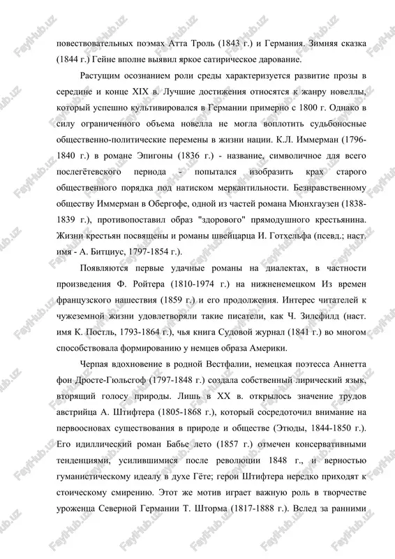 osobo videlyaetsya immenzee (1850 g.) - vishli eshe bolee vpechatlyayushie aquis submersus (lat.; pogloshenie vodami, 1876 g.) i vsadnik na belom kone (1888 g.). v. raabe (1831-1910 g.), v poiskax pribejisha ot pessimizma, pogruzilsya v dikovatiy mir odinokix malenkix lyudey. nachinaya s xroniki vorobinoy ulitsi (1857 g.) on prodoljal traditsiyu yumoristicheskogo romana, kotoraya v germanii vosxodit k janu paulyu. poeticheskiy realizm, kotoriy ryad kritikov usmatrivaet vo vsey xudojestvennoy proze etogo perioda, legko uyasnyaetsya na primere shveytsarskogo romanista kellera (1819-1890 g.). opirayas na filosofiyu feyerbaxa, on obnarujival chudo krasoti daje pod samoy nevzrachnoy narujnostyu. v svoem tvorchestve on dostig garmonii realnosti i poeticheskogo videniya. sootechestvennik kellera k.f. meyer (1825-1898 g.) pisal izyashnie istoricheskie novelli, v chastnosti iz epoxi vozrojdeniya (jenitba monaxa, 1884 g.). kak v proze, tak i v stixax meyer nadelyal obstoyatelstva simvolicheskim znacheniem. sovershenstvo formi xarakterno i dlya rasskazov plodovitogo i v svoe vremya ochen populyarnogo p. geyze (1830-1914 …