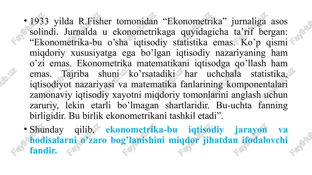 ganish uchun birlashtirilgan iqtisodiy va matematik fanlarning uyushmasidir. bu tushuncha fanga xx asrning 60-yillarida akademik v.s.nemchinov tomonidan kiritilgan. imu iqtisodiyot, matematika va kibernetikaning tutashishida hosil bo’ldi. elementlaridan biri iqtisodiy-matematik usullar bo’lgan qarorlarni qabul qilish tizimi ijodiy yondashuvni talab etuvchi xo’jalik muammolarining to’la tsiklini qamrab olishi kerak. iqtisodiy-matematik modellarning tasnifi modellashtirish va modellar o’zining turli sohalardagi tadbiqlariga qarab, moddiy va abstrakt kabi sinflarga bo’linadi. moddiy modellar asosan o’rganilayotgan ob’ekt va jarayonni geometrik, fizik, dinamik yoki funktsional tavsiflarini ifodalaydi. masalan, ob’ektning kichiklashtirilgan maketi (masalan, litsey, kollej, universitet) va turli xil fizik, ximik va boshqa xildagi maketlar bunga misol bo’la oladi. bu modellar yordamida turli xil texnologik jarayonlarni optimal boshqarish, ularni joylashtirish va foydalanish yo’llari o’rganiladi. umuman olganda, moddiy modellar tajribaviy xarakterga ega bo’lib, texnika fanlarida keng qo’llaniladi. ammo moddiy modellashtirishdan iqtisodiy maslalarni yechish uchun foydalanishda ma’lum chegaralanishlar mavjud. masalan, iqtisodiyotni biror sohasini o’rganish bilan butun iqtisodiy ob’ekt haqida xulosa chiqarib bo’lmaydi. ko’pgina …