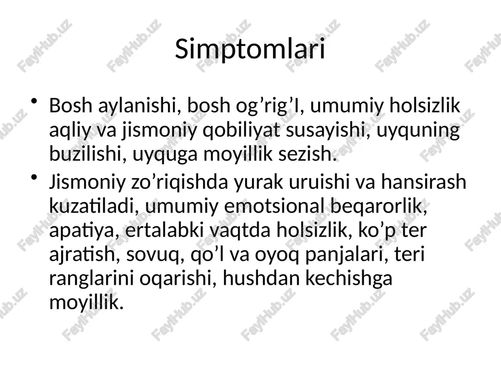 mumkin asosan reaksiya 3-15 daqiqa orasida boshlanadi , bazan esa 2-3 soatdan keyin ham boshlanishi mumkin . 5 xil ssenariy kuzatiladi: 1) yaxshi sifatli kechish: simptomlar dorilar bilan tezda yo’qoladi va klinik jihatdan vrachga muammo keltirmaydi 2) o’tkir yomon sifatli kechish: bemorda o’ta og’ir va o’tkir boshlanish bilan kichadi va asosan o’limga sabab bo’ladi. 3) chidamli bu turida davolash vaqtinchalik samara beradi va simptomlar qaytishi dorilarga rezistent bo’lishi mumkin. 4)redsidivlanuvchi – bemorda simptomlar yo’qolganidan so’ng ma’lum uddatdan so’ng ular qaytadi 5)abort formasi – bemorda dorilarsiz tuzalish davolash 1) allergen bilan kontaktni to’xtatish 2) nafas yo’llarini ochish 3) intubaktsiya qilish(iloji bo’lsa) 4) oyoqlarni biroz ko’tarib yotqizish 5) 100 % kislorod ingalatsiyasi 30 mindan ko’p emas(iloji bo’lsa) 6) adrenalin 0.1% 1 ml + 20 ml nacl 0.9% qoshib vena ichiga jo’natish , ba’zan adrenalinni o’zini ham jo’natish mumkin. 7) tomoq shishib ketgan bo’lsa adrenalnni 50 ml nacl ga qo’shib (1 ml adrenal) …