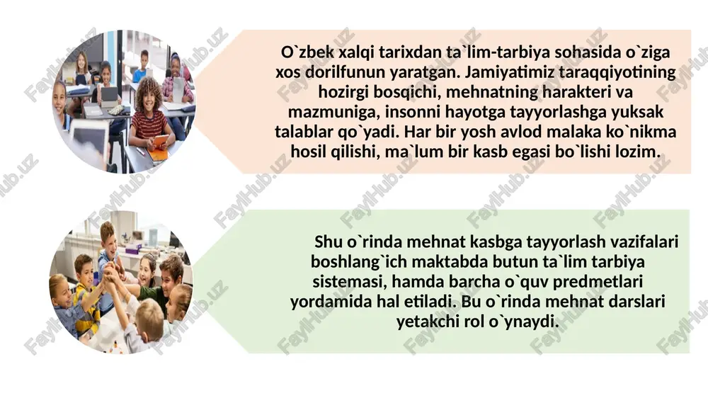 anglashga ko‘maklashadi. o‘quvchilarni texnologiyaga amaliy tayyorlash texnologiya ta’limining mu- him omillaridan biridir. u o‘zaro bog‘langan bir nechta elementlardan: oddiy asbob va moslamalardan foydalana bilish, u yoki bu materialga ma’lum izchillikda ishlov bera olish, yo‘l qo‘yilgan xatoni o‘z vaqtida aniqlash va to‘g‘irlay olish kabilardan tarkib topadi. texnologiya darslariga amaliy tayyorlashni faqat kerakli bilimlar bazasida amal- ga oshirish mumkin.u boshlang‘ich sinflarda boshlang‘ich politexnik bilimlarga asoslanadi. texnologiya ta’limining mazmuniga muvofiq o‘quvchilar mazkur yosh uchun qulay bo‘lgan materiallarga ishlov berish, qo‘llaniladigan oddiy asbob va moslamalardan foydalanish malaka va ko‘nikmalarini egallaydilar. oddiy asbob va moslamalar maxsus asbob va moslamalarning bosh asosi hisoblanadi. o‘quvchilar ta’lim jarayonida va darsdan tashqari sharoitlarda texnologiyaning ijtimoiy jamiyatda tutgan o‘rni va rolini, inson kamolotini ta’minlash omili ekanligini, shaxsning qobiliyati va iqtidorini texnologiya jarayonida takomillashib borishini hayotiy misollar yordamida bilib olishlari lozim. texnologiya ta’limi va tarbiyasini tashkil etishda bugungi kunda an’anaviy va noan’anaviy shakllardan foydalanilmoqda. xususan, texnologiya bayramlari, ishlab chiqarish ko‘rgazmalari, hashar, …