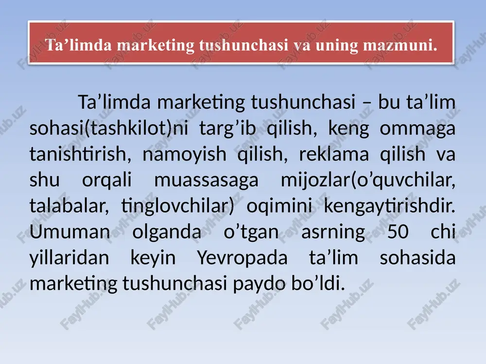 i. marketingning asosiy sub’ektlari ishlab chiqaruvchi t.lar iste’molchi tashkilotlar marketing bo’yicha mutaxssislar vazirliklar xizmat ko’rsatuvchi t.lar pirovard iste’molchi (otm lar) e’tiboringiz uchun raxmat! image4.jpeg image5.png image6.jpeg image7.jpeg image8.jpeg image9.jpeg image10.jpeg image11.jpeg image12.png image13.jpeg image14.jpeg image15.jpeg image16.jpeg image1.jpeg image2.jpeg image3.jpeg /docprops/thumbnail.jpeg
