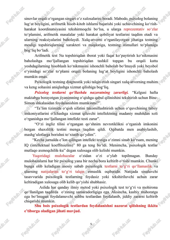 otlar olish orqali ta’minlanadi. shunday bo‘lsa-da testlashtirish personal bilan ishlashning muhim qismini tashkil etadi. shunga ko‘ra psixologik testlashtirish harbiy xizmatchilarni saralash va taqsimlashda qo‘llaniladi. bu borada harbiy soha barcha yo‘nalishlarni qamrab olgan testlar ishlab chiqilgan. · psixologik maslahat sohasida psixologik testlashtirishni qo‘llash inson hayotining turli yo‘nalishlarida tor yo‘nalishdagi testlashtirishni doimiy ravishda joriy etilib borilayotganligidan dalolat bermoqda. emotsional holat, shaxslararo munosabat maslahatning eng asosiy ob’ektiga aylanadi. testlarni qo‘llash o‘z navbatida shaxsning o‘zini o‘zi anglashi va kamol topishini baholash vositasi sifatida foydalanish o‘sib bormoqda. keyingi davrlarda test ko‘rsatkichlaridan foydalanishi individning qaror qabul qilishi vositasi bo‘lib qoldi. sanab o‘tilgan holatlardan ko‘rish mumkinki, psixologik testlashtirish keng ko‘lamdagi amaliy masalalarni hal etishga xizmat qiladi. biroq testlar fundamental tadqiqotlar o‘tkazish uchun muhim vosita ekanligi haqida faktni inkor etib bo‘lmaydi. deyarli barcha differensial psixologiya masalalarini hal etishda psixologik testlashtirishdan muhim vosita sifatida foydalanish, ma’lumotlar to‘plashning eng maqbul yo‘lidir. · misol sifatida individual tafovutlarning tabiati, xarakteri va darajalari …