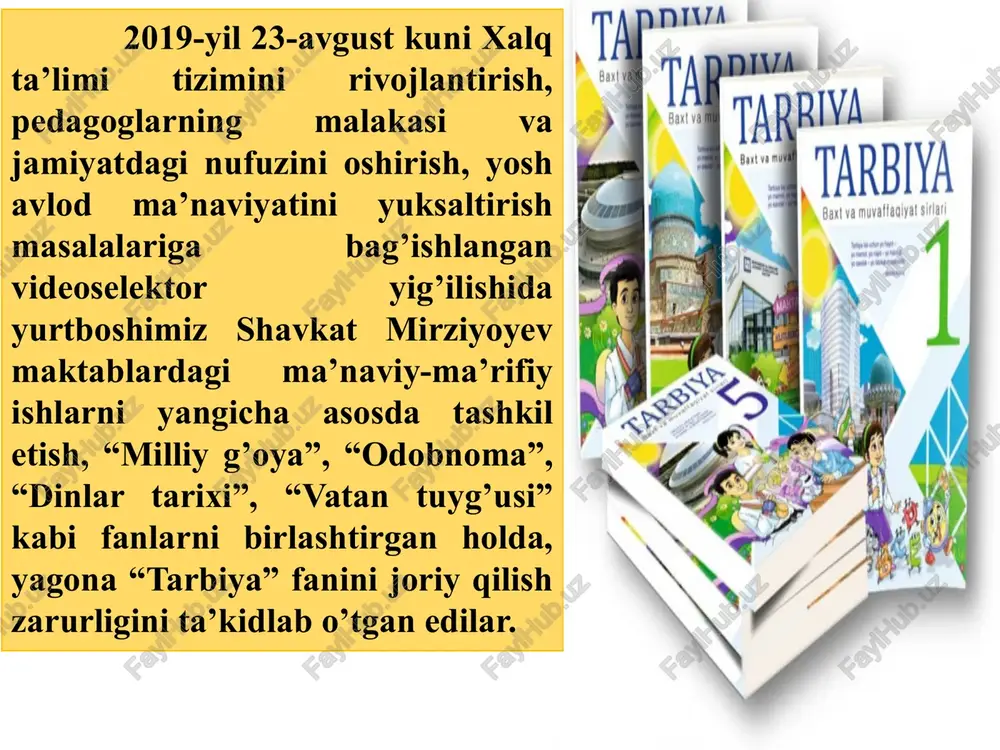 hlar tashkilotlarida olib boriladigan tarbiyaviy ishlarni emas, balki butun ijtimoiy tuzum, uning yetakchi g‘oyalari, adabiyot, san’at, kino, radio, televideniye ta’lim va ma’lumot olish va boshqalarni ham o‘z ichiga oladi. tor ma’noda tarbiya shaxsning jismoniy rivoji, dunyoqarashi, ma’naviy-axloqiy qiyofasi, estetik didi o‘stirilishiga yo‘naltirilgan pedagogik faoliyatni anglatadi. buni oila va tarbiyaviy muassasalar hamda jamoat tashkilotlari amalga oshiradi. tarbiya tarbiya- muayyan jamiyatda yagona ijtimoiy maqsadga muvofiq yosh avlodni tarbiyalash hamda ular bilan bog’liq muammolarni o‘rganadigan fan. tarbiya tarbiya ijtimoiy fanlar tizimiga kiruvchi fan sanalib, yosh avlod hamda kattalarni milliy g’oya asosida tarbiyalashga yo’naltirilgan fandir. tarbiya fanining maqsadi o‘zbekiston hududida yashovchi har bir fuqaroni, har bir millat, elat kishilarini va ularning farzandlarini barkamol insonlar qilib tarbiyalash, mustaqil respublikamizning ongli fidoiysiga aylantirishdir. fanni o'qitishdan maqsad - talabalarga kelajak avlodni ma'naviy yuksak fizilatlar egasi qilib tarbiyalashda innovatsion tarbiya texnologiyalarining qonuniyatlarini, jahon tarbiya kontseptsiyalari namunalarining qiyosiy tahlili, ta'lim muassalarida tarbiya fanini o'qitishning shakl, metod va vositalarini o'rgatishdan …