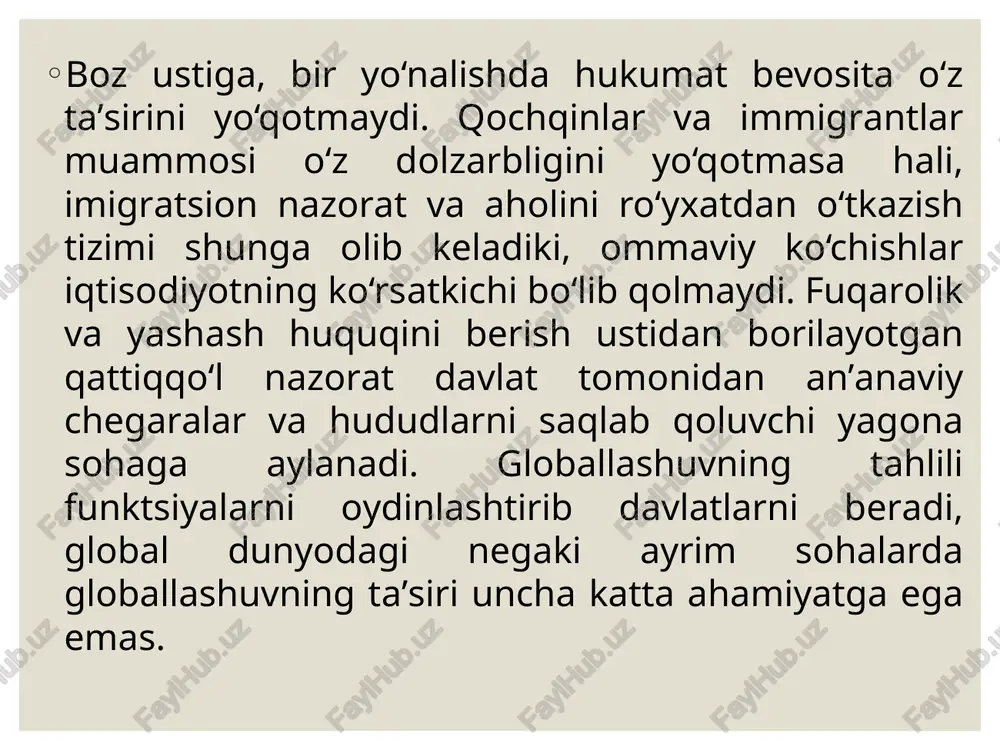 murosasizligi bilan bog‗liq iqtisodiy ustunlikdan ham ancha ko‗proqdir. mamlakatlararo kapital, tovar va mehnat resurslarining harakati yagona markaziy rahbariyat tomonidan emas, balki ehtiyoj va takliflar asosida boshqarilmoqda. bu esa ishlab chiqarish jarayonlarini takomillashuviga, savdo ko‗lamini va milliy daromadni tobora o‗sishiga olib keladi. 1.2. o‘tish iqtisodiyotiga ega mamlakatlardagi iqtisodiy holatlar. 1.2. o‘tish iqtisodiyotiga ega mamlakatlardagi iqtisodiy holatlar. er yuzining chorak qismini, dunyo aholisining uchdan bir qismini tashkil etuvchi mamlakatlarning o‗zaro muvaffaqiyatli uyushmasi butun jahondagi iqtisodiy tizimga o‗zining samarali ta‘sirini o‗tkazmoqda. shu bilan bir qatorda, avvalgi iqtisodiy yo‗nalishda bo‗lgan mamlakatlarning umumjahon bozoriga o‗tishi natijasida ayrim mamlakatning manfaatlari cheklanib qolmasmikan, degan xavotir ko‗pchilikda yo‗q emas, bu xavotirlanishda jon bor. 1.3. dunyo taraqqiyotidagi ijobiy o„zgarishlar va jahon iqtisodiyotining hozirgi holati. ayni paytda jahon matbuotida yirik xalqaro iqtisodchilar, moliya mutaxassislarining dunyo iqtisodiyotidagi o‗zgarishlar tahlili bilan bog‗liq qizg‗in bahs-munozaralari boshlanib ketdi. e‘tiborga molik tomoni shundaki, o‗tgan yil oxiri va shu yil boshida rivojlangan mamlakatlar iqtisodiyotidagi turg‗unlik va …