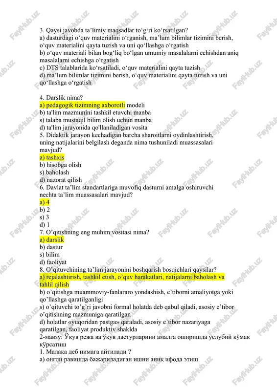 lan tanishtirish bo‘yicha tavsiyalar beradi 8. metodbirlashmaning vazifasi qaysi qatorda belgilangan a) dts talablari, o‘quv rejasi va dasturlari bajarilishini ta’minlanishiga metodik yordam ko‘rsatadi b) dts talablari, darslik va dasturlari bajarilishini ta’minlanishiga metodik yordam ko‘rsatadi s) dts talablari, mavzular va dasturlari bajarilishini ta’minlanishiga metodik yordam ko‘rsatadi d) dts talablari, ishchi dasturlari bajarilishini ta’minlanishiga metodik yorda 1-mavzu: o'quv reja va o'quv dasturlarining ahamiyati 1. ta’lim berishning asosiy kategoriyalari? a) bilish, tushunish, qo‘llash, tahlil, sintez, baholash b) ilmiy, nazariy, amaliy, isbotlilik, joriy etilganlik c) og‘zaki, ko‘rgazmali, amaliy, laboratoriya ishlari, ekskursiyalar d) ilmiylik, tushunarlilik, onglilik va faollik, uzviylik 2. namunaviy o‘quv dasturi mazmuniga qo‘yiladigan talablar? a) fan, texnika, texnologiyalarning so‘ngi yutuqlarini aks ettirishi b) texnologiyalarning so‘ngi yutuqlarini aks ettirishi s) ta’lim turlari o‘rtasidagi uzviylik va izchillikni amalga oshirish d) oddiydan murakkabga, xususiydan umumiyga o‘tish 3. qaysi javobda ta’limiy maqsadlar to‘g‘ri ko‘rsatilgan? a) dasturdagi o‘quv materialini o‘rganish, ma’lum bilimlar tizimini berish, o‘quv materialini qayta tuzish …