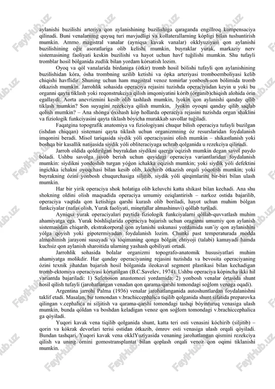 ki anastomoz sohasida intima qavatining regeneraciyasini pasaytiradi. shu tufayli ham qon tomirlarga chok qόyishning turli modikaciyalari yuzaga keldi. hozirgi kunda tomirlarga chok qόyishning mavjud bόlgan modifakaciyalarini 4 guruhga bόlish mumkin: 1-guruh – karnell, a. i. morozova va boshqalarning keng tarqalgan sidirĝa (kosibcha) choklari. bu chok qόyilganda qon tomirlar orasidagi anastomoz uzluksiz (atravmatik ignalardagi 0,1 – 0,25 mm diametrli kapron yoki neyron iplar bilan) tiqiladi. ushbu chokni qόyish texnik jixatdan ancha oddiy hisoblanadi, ammo ayrim hollarda qon tomirlari intimasi bir-biriga yaxshi adaptaciya qilinmaydi; 2- guruh – aĝdaruvchi choklar, bunda uzluksiz kόrpacha choklari tufayli intimaning yaxshi jipslashishiga erishiladi. bu guruh choklarning kamchiligi shundan iboratki, bunda anastomos sohasida qon tomir kavagi torayib qolishi mumkin (stenoz); 3- guruh – invaginaciyali (ichiga kiritilgan) choklar. ushbu guruhdagi choklarning mazmuni shundan iboratki, qon tomirning ichi tashqariga aĝdarilgan markaziy qirqimiga uning periferik qirqimi tortiladi (aĝdariladi), natijada qon tomirlarining ichki pardalari bir-biri bilan jipslashadi.bunday choklar qόyilganida anastomoz sohasining germetikligi …