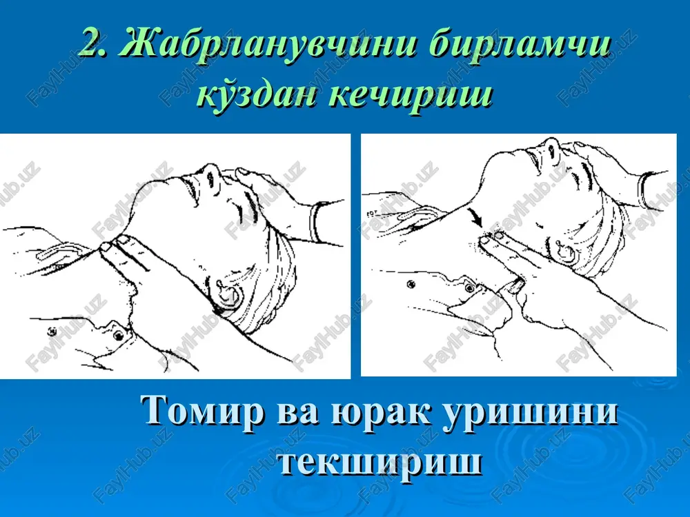 tizimiga ta'sir ko'rsatuvchi – ammiak, atsetonitril, bromli metil, xlorli metil 6. moddalar almashinuvini izdan chiqaruvchi – dimetil sulfat, dioksin, formaldegid zaharlanishlarda birinchi yordam zaharning organizmga tushishini to'x-tatish (gazniqob kiydirish, zaharli hududdan olib chiqish) zahar organizmga teri yoki tashqi shilliq pardalar orqali kirgan bo'lsa, uni ko'p miqdordagi suyuqlik – fiziologik eritma, ichimlik sodasi yoki limon kislotasi qo'shilgan eritma bilan yuvish zaharlanishlarda birinchi yordam oshqozonni zahardan tozalash uchun 0,25-0,5% li ichimlik sodasi eritmasi yoki kaliy permanganat (margantsovka)ning nim pushti rang yoki osh tuzining iliq eritmasi (1 stakan suvga 2-4 choy qoshiq)dan – 4-6 stakan iliq suv ichirib qusdirish tuxum oqsili, kraxmal, kisel, 100 g o'simlik yog'i yoki sut ichirish jabrlanganlarni ko'chirish