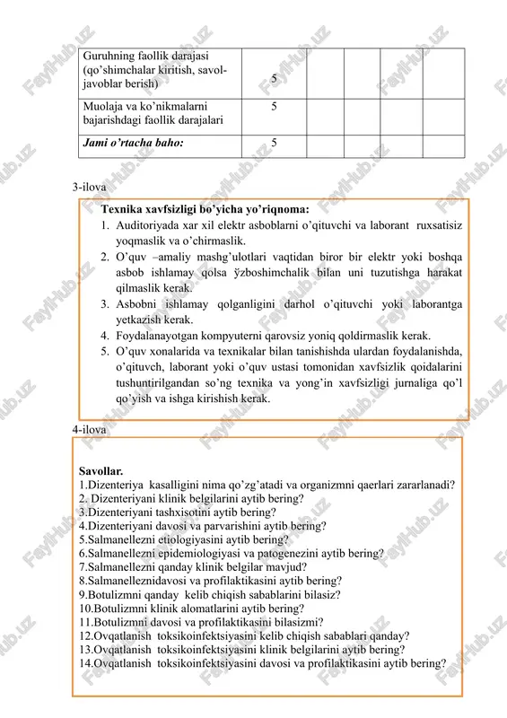 tulizmni klinik alomatlarini aytib bering? 11.botulizmni davosi va profilaktikasini bilasizmi? 12.ovqatlanish toksikoinfektsiyasini kelib chiqish sabablari qanday? 13.ovqatlanish toksikoinfektsiyasini klinik belgilarini aytib bering? 14.ovqatlanish toksikoinfektsiyasini davosi va profilaktikasini aytib bering? tekshirishning laboratoriya usullari.) spetsifik laboratoriya tekshirish usullari katta ahamiyatga ega. ular ikki guruhga bo‘linadi: 1) organizmdagi qo‘zg‘atuvchini bevosita aniqlash – bakterioskopik (mikroskopik) va bakteriologik (ekma qilish) tekshirish; 2) bilvosita aniqlash –serologik va allergik tekshirishlar.. bakteriologik usul. bakteriologik usul. bakteriologik usulda bemordan olingan material oziq muhitlariga ekiladi va qo‘zg‘atuvchining toza kulturasi ajratib olinadi (24-rasm). bu esa infeksiya manbaini aniqlashda kata eðidemiologik ahamiyatga egadir. bundan tashqari mikrob qo‘zg‘atuvchining toza kulturasi orqali uning antibiotiklar va kimyoviy ðreðaratlarga sezgirligini aniqlash mumkin. bakteriologik usul. tahlil uchun najas olish tartibi 1. tekshirishdan oldin bemordan najas olish uchun bemorga 5 % xloraminda zararsizlantirilgan oqar suvda yuvib tashlangan tuvak beriladi. 2. maxsus qoshiqcha yoki shpatel bilan shilliq, yiring va qon aralashmalari saqlangan najasning bir bo’lagidan olinadi. 3. olingan materiallar …