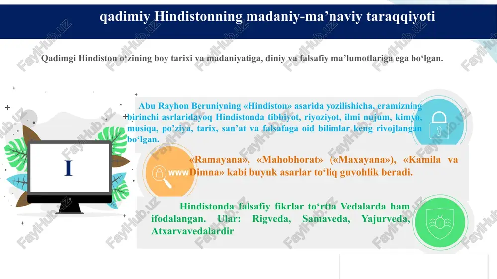 va yunon tarixchilarining asarlari, “avesto”, “behistun”, “bundaxshin” va shular kabi yozma yodgorliklarda aks ettirilgan. ayniqsa “avesto”, shubhasiz, markaziy osiyo xalqlarining qadimiy ma’naviyat, madaniyat, xususan falsafiy qarashlarini o‘rganish uchun bebaho manbadir. ‘ markaziy osiyo-qadimiy turon jahon ilm-fani, madaniyati “avesto”da quyidagi uch jihat insonning insoniyligini ta’minlovchi asosiy fazilatlar ekanligi aytiladi. bular: 1) ezgu fikr; 2)ezgu so‘z;, 3)ezgu ish (amal)dir.mana shu fazilatlarga ega bo‘lgan inson oliy haqiqatga musharraf bo‘ladi. markaziy osiyo – sivilizatsiyaning qadimgi o‘choqlaridan biri. viii–ix asrlarda markaziy osiyo arab xalifaligi tarkibiga kirgan. alloh tomonidan butun borliqning yaratilishi haqidagi ta’limotga asoslanadi.gnoselogik asosi esa, insonni ollohni anglash yo‘lidagi jismoniy, ruhiy, ma’naviy holat jarayonlari va oxir oqibatda ollohni bilish va unga birlashib ketish g‘oyasini ilgari suradi. “avesto”da insoniyat tarixi haqida: birinchi paydo bo‘lgan odam ilmadir. boshqa odamlar keyinchalik undan tarqalgan. ilma yashagan davr insoniyatning oltin davri deb tasvirlanadi. tasavvuf falsafiy oqim va diniy-ma’naviy hodisa sifatida islom dini doirasida paydo bo‘ldi. bu oqim namoyandalari va …