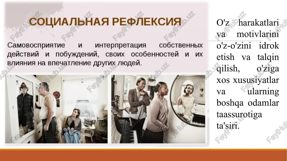 o‘zini o‘z niqobidagi holati bilan chalkashtirib yuboradi. k.g.yung bunday holat individning o‘z-o‘zini anglashiga xavf solishini ko‘rsatib beradi. dastlab k.yung, undan keyin esa uning izdoshi ester xarding shaxsning atrofidagilar uning niqobdagi holatiga qarab bergan bahosini qabul qilishi natijasida o‘z «men»ining haqiqiy mohiyatini to‘liq anglay olmasligi bilan bog‘liq vaziyatlarni ham keltirib o‘tishgan. bunday holatda shaxsning «men» – konsepsiyasi va personasi bir-biriga mos tushadi. bunday bo‘lishi shaxs uchun har doim ham istalgan holat bo‘lavermaydi. shu bois bunga yo‘l qo‘ymaslik uchun shaxs faqat atrofidagilarning fikri va bahosiga suyanibgina qolmasdan, o‘zi ham o‘zini tahlil qilish, o‘z kamchiliklarini tan olish orqali o‘zini anglashga va o‘zining haqiqiy «men»ini, «men» konsepsiyasini rivojlantirishga harakat qilishi lozim. «men» – obrazi va o’zini-o’zi baholash. «men» – obrazi asosida ham bir shaxsda o’z-o’ziga nisbatan baholar tizimi shakllanadiki, bu tizim ham obrazga mos tarzda har xil bo’lishi mumkin. o’z-o’ziga nisbatan baho turli sifatlar va shaxsning orttirilgan tajribasi, shu tajriba asosida yotgan yutuqlariga bog’liq …