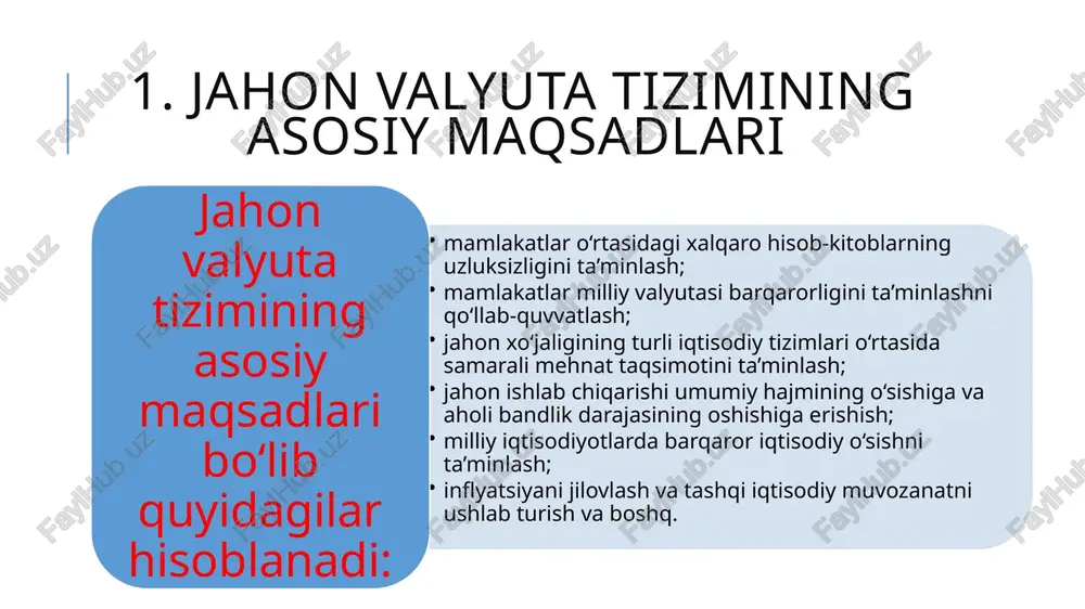 elgilandi; davlatlarga valyuta kursi rejimini mustaqil belgilashga ruxsat etildi evropa valyuta tizimi evropa valyuta tizimi – bu mintaqaviy valyuta tizimi bo‘lib, evropa iqtisodiy integratsiyasi doirasida milliy valyutalar harakati bilan bog‘liq iqtisodiy munosabatlar majmuasini o‘zida ifodalaydi. evropa valyuta tizimi zamonaviy jahon valyuta tizimining muhim tarkibiy qismi hisoblanadi. 1989 yilda j.delor (evropa ittifoqi komissiyasi raisi) tomonidan ishlab chiqilgan iqtisodiy va valyuta ittifoqini barpo etish dasturi g‘arbiy evropa integratsiyasi rivojidagi keskin burilish bosqichi bo‘ldi. 1991 yildan evropa valyuta tizimida “delor rejasi” asosida valyuta-iqtisodiy ittifoqni bosqichma-bosqich shakllantirishni nazarda tutuvchi maastrix shartnomasi ishlab chiqildi va mazkur shartnoma doirasida 1999 yil 1 yanvardan yagona evropa valyutasini joriy etishga mo‘ljallangan islohotlar amalga oshirildi. “delor rejasi” doirasidagi maqsadlar “delor rejasi” doirasida quyidagi maqsadlar ko‘zda tutilgan edi: umumiy bozorni tashkil etish, bozor mexanizmini takomillashtirish maqsadida raqobatni rag‘batlantirish; qoloq hududlarni tarkibiy jihatdan birxillashtirish; inflyatsiyani jilovlash, narxlar darajasi va iqtisodiy o‘sishni barqarorlashtirish, davlat byudjeti kamomadini cheklash hamda ushbu kamomadni qoplash usullarini …