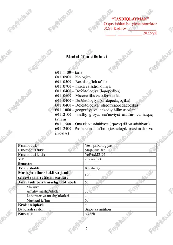 sional rivojlanish xususiyatlari. o’smirlik davrida motivatsion sohadagi rivojlanish xususiyatlari (tengdoshlar bilan muloqot qilish motivatsiyasi, o’quv faoliyati motivatsiyasi, jinoiy xulq-atvor motivlari). ilk o’spirinlik davri psixologiyasiga umumiy tavsif. ilk o’spirinlik davrida intellektual va emotsional rivojlanish xususiyatlari. ilk o’spirinlik davrida do’stlashish muammosining psixologik xususiyatlari. o’smirlik davrida shaxsning rivojlanish xususiyatlari. 2 m7 o`spirinlik va yetuklik davrida psixik rivojlanish xususiyatlari. gerontopsixologiya o’spirinlik davri psixologiyasiga umumiy tavsif. o’spirinlik davrida intellektual va emotsional rivojlanish xususiyatlari. o’spirinlik davrida do’stlashish muammosining psixologik xususiyatlari. o’spirinlik davrida shaxsning rivojlanish xususiyatlari. etuklik davrining bosqichlari. kattalarning bilish jarayonlari va emotsional rivojlanishi xususiyatlari. etakchi faoliyat.ijtimoiy xulq-atvordagi umumiy o`zgarishlar. kattalarning o`zini-o`zi anglashining xususiyatlari. psixogerantologiya xaqida umumiy tushuncha. qariyalar psixologiyasiga umumiy tavsif. qarilikning bilish jarayonlari va emotsional rivojlanishi xususiyatlari. etakchi faoliyat. ijtimoiy xulq-atvordagi umumiy o`zgarishlar. qarilarning o`zini-o`zi anglashining xususiyatlari. 2 m8 shaxsning ijtimoiylashuvi va ijtimoiy xulq-atvor. shaxs ijtiomiylashuvi va bosqichlari. ijtimoiy institut- inson faoliyatining muhim sohalarini tartibga soluvchi ob’ekt sifatida. shaxs ijtiomiylashuvida ijtimoiy status va ijtimoiy …