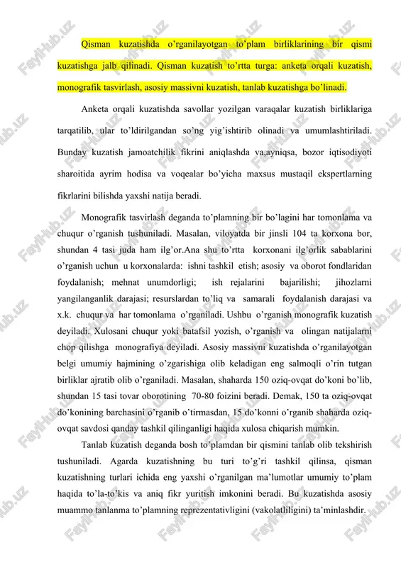 ’ldirilgandan so’ng yig’ishtirib olinadi va umumlashtiriladi. bunday kuzatish jamoatchilik fikrini aniqlashda va,ayniqsa, bozor iqtisodiyoti sharoitida ayrim hodisa va voqealar bo’yicha maxsus mustaqil ekspertlarning fikrlarini bilishda yaxshi natija beradi. monografik tasvirlash deganda to’plamning bir bo’lagini har tomonlama va chuqur o’rganish tushuniladi. masalan, viloyatda bir jinsli 104 ta korxona bor, shundan 4 tasi juda ham ilg’or.ana shu to’rtta korxonani ilg’orlik sabablarini o’rganish uchun u korxonalarda: ishni tashkil etish; asosiy va oborot fondlaridan foydalanish; mehnat unumdorligi; ish rejalarini bajarilishi; jihozlarni yangilanganlik darajasi; resurslardan to’liq va samarali foydalanish darajasi va x.k. chuqur va har tomonlama o’rganiladi. ushbu o’rganish monografik kuzatish deyiladi. xulosani chuqur yoki batafsil yozish, o’rganish va olingan natijalarni chop qilishga monografiya deyiladi. asosiy massivni kuzatishda o’rganilayotgan belgi umumiy hajmining o’zgarishiga olib keladigan eng salmoqli o’rin tutgan birliklar ajratib olib o’rganiladi. masalan, shaharda 150 oziq-ovqat do’koni bo’lib, shundan 15 tasi tovar oborotining 70-80 foizini beradi. demak, 150 ta oziq-ovqat do’konining barchasini o’rganib o’tirmasdan, …