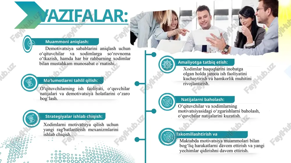 shda so‘rovnomalar o‘tkazish, psixololog soatlari orqali tavsiyalar berish. maktabda boshqaruv tizimining shaffofligini ta’minlash hamda har bir rahbar ustoz murabbiy sifatida aloqa o`rnatish. o‘qituvchilarni rag‘batlantirish uchun yangi tizimlar joriy etish. maktabda biz bir oilamiz" tamoyilida ishlarni tashkil etish. o‘qituvchilarning ish faoliyatini baholash va ijtimoiy tarmoqlarda doimiy yoritish tizimini ishlab chiqish. maktabda yangi loyihalar ishlab chiqish hamda demotivatsiya uchragan hodimlarga shu loyihalarga umumiy rahbarliklarini berish. takliflar: " t/r muammo muammoning yechimini amalga oshirish mexanizmi mas’ullar muddati natija 1 o‘qituvchilar o‘rtasida motivatsiya yetishmasligi o‘qituvchilarni rag‘batlantirish tizimini joriy etish, yillik mukofotlar taqdim etish. maktab rahbariyati, o‘qituvchilar doimiy o‘qituvchilarda motivatsiya darajasining oshishi. 2 ayrim hududlardagi ish sharoitlarining pastligi o‘qituvchilarning ish sharoitlarini yaxshilash, yangi o‘quv resurslarini taqdim etish. maktab rahbariyati, iqtisodiy bo‘lim doimiy o‘qituvchilarning ish sharoitlari yaxshilanishi. 3 jamoaviy ish va hamkorlik muammolari “ustoz-shogird” an`nalarini sust yo`lga qo`yilganligi "jamoaviy ishlash" treninglarini tashkil etish va o‘qituvchilar o‘rtasida tajriba almashishni rag'batlantirish. maktab rahbariyati, psixologlar doimiy o‘qituvchilar o‘rtasida hamkorlik …