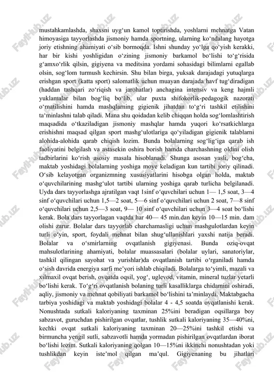 yonining moddiy-texnik bazasini, sport anjomlari, jihozlar va mavjud kiyimboshlardan belgilangan muddat davomida foydalanishga imkoniyat yaratadi. jismoniy tarbiya gigiyenasi- gigiyena fanining bo‘limlaridan biridir. jismoniy tarbiya va sport mashg‘ulotlarida odam va salomatligini saqlash va mustahkamlash maqsadida samaraliroq foydalanish uchun o‘sha mashg‘ulotlar vositalarini, metodlarini hamda shart-sharoitlarini ilmiy jihatdan asoslangan holda normaga solib turish jismoniy tarbiya gigiyenasining mazmunini tashkil etadi. jismoniy tarbiya gigiyenasi mashg‘ulotlarning samaraliroq metodlarini va eng qulay shartsharoitlarini asoslab berish uchun jismoniy mashqlar odam sog‘lig‘iga qanday ta‘sir ko‘rsatishini va ular sog‘lig‘ini mustahkamlashga qay darajada xizmat qilishini o‘rganadi. jismoniy tarbiya gigiyenasining ahamiyati fan texnika rivojlanish davriga kelib ancha ortdi. agar 19 asrning oxiri va 20 asrning boshlarida odamlar sog‘lig‘ini va hayotini saqlashda sanitariya gigiyenaning ommaviy tarzda saqlanadigan yuqumli kasalliklarning oldini olishga qaratilgan tadbirlarni (vodoprovodlar qurish, kanalizatsiya o‘rnatish, shaharlarni toza tutish va boshqalar) asosiy rol o‘ynagan bo‘lsa, hozirgi vaqtda aholining kasallanishi va o‘limi to‘g‘risida yurak-tomir kasalliklari, modda almashinuv asab tizimi kasalliklari yetakchi o‘rin tutadi. …