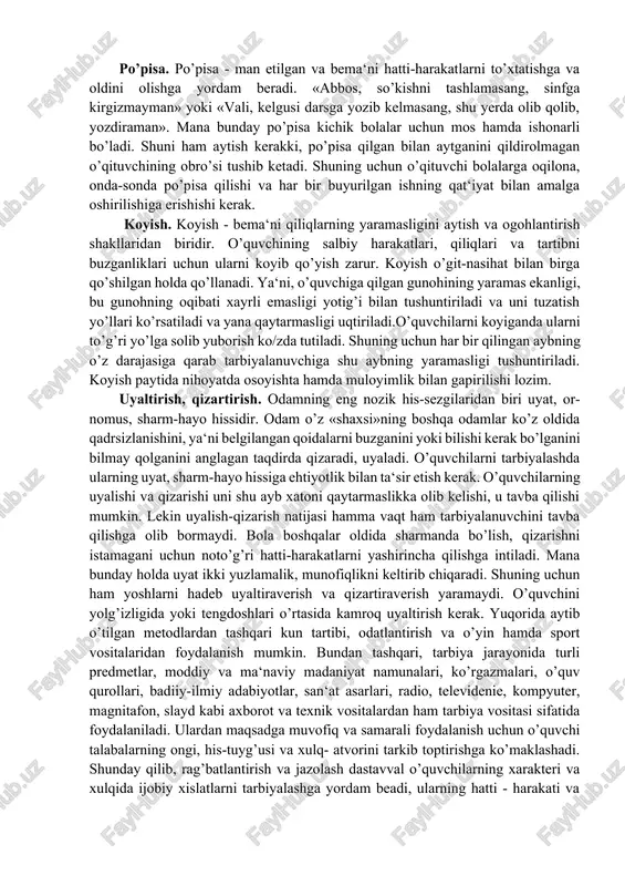 sasalari va oliy o’quv yurtlarida yuksak muvaffaqiyatlari uchun o’quvchilar mukofotlanadilar. mukofotning moddiy shakllari: kitob, o’quv -qurollari, teatr va kinoga bilet, dam olish uylariga, sayohatlarga yo’llanmalar, pul mukofoti, maqtov yorlig’i va hokazolar. mukofotlar o’quvchilar o’qituvchi-pedagoglar va ota-onalar ishtirokida tantanali vaziyatda topshiriladi.jazolash metodlari – bu o’quvchilarning hatti-harakatlari va faoliyatiga salbiy baho berishdir. jazo berish axloq me‘yorlariga qarama-qarshi faoliyat va xattiharakatlarni muhokama etishni ifodalaydi. jazo berish noma‘qul hatti-harakatlarning oldini olish, axloqni tuzatish, jamoa oldida uyalishi, o’zini gunohkor deb bilish hissini uyg’otishi mumkin. jamoa tomonidan yoki uni qo’llab-quvvatlashi asosida jazolash metodlari ham xilma-xil bo’lib, ular jumlasiga tanbeh berish, koyish, uyaltirish, qizartirish, hatti-harakatlarni jamoa o’rtasida muhokama qilish, muayyan faoliyatdan chetlashtirish va boshqalar kiradi. jazo – bu o’quvchilarning o’z xulqi va harakatidagi nojo’yalik hamda kamchiliklarni anglashiga, tugatishiga, yaramas harakatlardan, sho’xliklardan o’zlarini tiyishiga yordam beradi. o’quvchilarning hatti-harakatidagi yomon tomonlarni o’z vaqtida qoralash va ta‘qiqlash, ularni ikkinchi marotaba shu nojo’ya harakatlarni qilmaslikka, o’z xulq-atvorini tuzatishga yo’llaydi. lekin bo’lar …