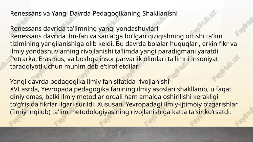 metodlar komenskiy o‘qitishda savol-javob usulini qo‘llashni tavsiya etgan. bu usul, o‘quvchilarning faol ishtirokini ta'minlaydi va ular o‘z fikrlarini, bilganlarini bayon etishga imkon beradi. interaktiv metodlar orqali o‘qituvchi va o‘quvchilar o‘rtasida samarali muloqot va fikr almashish mumkin. 2.3. komenskiyning ta'lim tizimining zamonaviy ta'limga ta'siri amos komenskiyning pedagogik tizimi, ayniqsa, zamonaviy ta'limda quyidagi jihatlar bilan katta ta'sir ko‘rsatgan: teng ta'lim imkoniyatlari: komenskiyning ta'limni barcha bolalar uchun umumiy qilish g‘oyasi hozirgi kunda ko‘plab mamlakatlarda inklyuziv ta'lim tizimining asosini tashkil etadi. uning g‘oyasi, ta'limni jamiyatning barcha qatlamlari uchun ochiq qilish, bugungi kunning asosiy maqsadlaridan biriga aylandi. bolalar psixologiyasi: komenskiyning bolalarning psixologik rivojlanishini hisobga olish haqidagi g‘oyalari zamonaviy ta'limda individual yondashuvni rivojlantirishga yordam berdi. bolalarning yoshiga, ehtiyojlariga va qobiliyatlariga mos keladigan ta'lim metodlari ishlab chiqildi. interaktiv metodlar va ko‘rgazmali ta’lim. 3. amos komenskiyning pedagogikasi va uning pedagogika fanidagi o‘rni amos komenskiy (1592–1670) — jahon pedagogikasining eng buyuk namoyandalaridan biri bo‘lib, uning pedagogik g‘oyalari nafaqat o‘z …