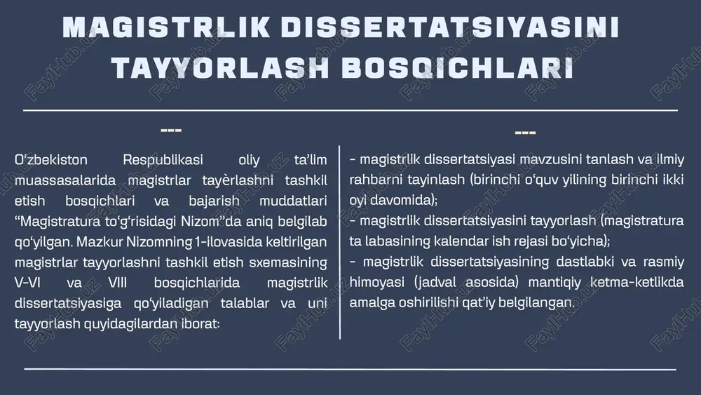 mlari qo‘yilmaydi. magistrlik dissertatsiyasi betlari raqami, uning kirish qismidan, ya’ni 3 raqamidan boshlanadi va mazkur betning tartib raqami varaqning pastki o‘rta qismida keltiriladi, uning oxirgi varag‘igacha izchil ketma-ketlikda raqamlanadi. magistrlik dissertatsiyasining tarkibiy qismlari, ya’ni titul varag‘i, mundarijasi, kirish, har bir bobi, xulosa, foydalanilgan adabiyotlar ro‘yxati va ilovalar qismi yangi betdan rasmiylashtiriladi. dissertatsiya tarkibiy qismlarining bosh sarlavhalari (mundarija, kirish, xulosa va takliflar, foydalanilgan adabiyotlar ro‘yxati, ilova) bosh harflarda yoziladi. dissertatsiyaning titul varag‘ini namunaga mos ravishda rasmiylashtirish talab etiladi. disseratsiyaning boblari rim raqamlari bilan i bob, ii bob, iii bob tarzida raqamlanadi va sarlavhalarga ega bo‘ladi. paragraflar esa, boblarga mos ravishda 1.1, 1.2, 1.3 yoki 2.1, 2.2, 2.3 tarzida arab raqamlari bilan raqamlanadi va sarlavhalarga ega bo‘ladi. har bir bob va paragraf sarlavhalarining yuqori va pastki qismidan 12 o‘lchamli (12 pt) oraliq qoldirilishi kerak. dissertatsiya matnida foydalanilgan adabiѐtdan olingan birinchi havola, ya’ni iqtibos u joylashgan betning pastki qismida 1 raqamida (1 -matn …