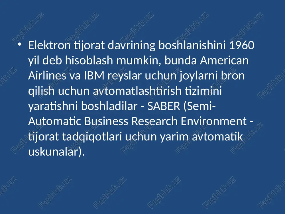 uning turlari - elektron to’lovlar amalga oshirilayotganda to’lov tizimining sub’ektlari o’rtasida yuzaga keladigan munosabatlar majmui to’lov tizimidir. to’lov tizimining turlariga quyidagilarni kiritishimiz mumkin: banklararo to’lov tizimi; bankning ichki to’lov tizimi; chakana to’lovlar tizimlaridan iborat. foydalanilgan adabiyotlar gavrilov l.p. elektronnaya kommertsiya. uchebnik i praktikum dlya bakalavriata i magistraturi.m.:yurayt, 2019.- 433 str. o‘zbekiston respublikasining “elektron tijorat to‘g‘risida”gi o‘zbekiston respublikasi qonuniga o‘zgartish va qo‘shimchalar kiritish haqida”gi 2015-yil 22-maydagi o‘rq-385-sonli qoniniga muvofik qabul qilindi. xalq so’zi, 2015 yil 23 may. e'tiboringiz uchun rahmat image2.png image3.jpeg image4.jpg image5.jpg image6.jpg image7.jpg image8.jpg image9.jpg image10.jpg image11.jpg /docprops/thumbnail.jpeg
