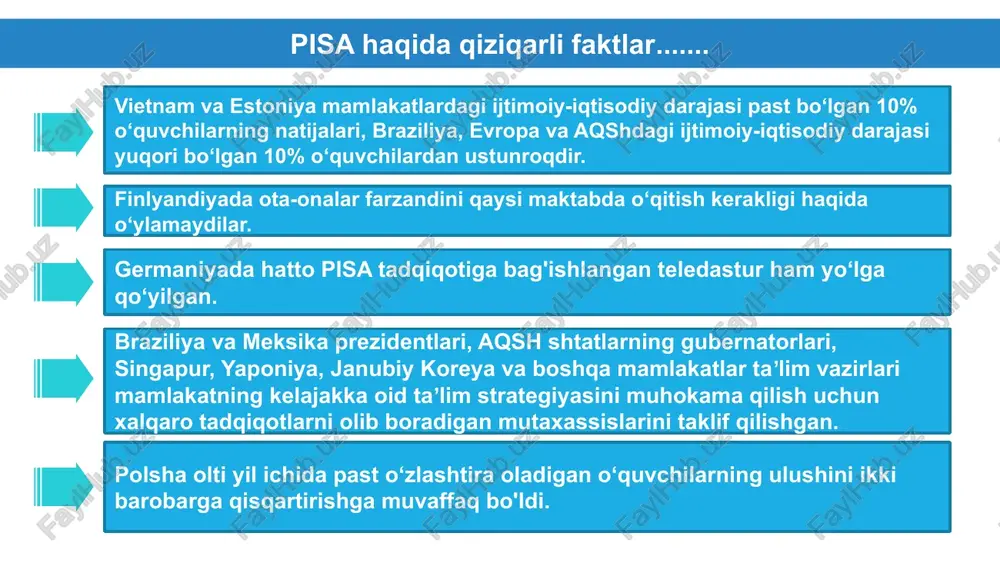 iga ham baho bera oladi, uning ayrim til xususiyatlariga e’tibor qarata oladi; o‘rta daraja (intermediate) - o‘quvchilar matndan axborot topa oladi, matn shakli va tilining ba’zi xususiyatlaridan foydalanib, matnga asosan o‘z xulosalarini chiqaradi; quyi daraja (low) - o‘quvchilar matnda aniq berilgan ma’lumotni ajrata oladi va ishlay oladi; tadqiqotida o‘quvchilarning darajalari bo‘yicha ma’lumot mamlakatlar ilg‘or daraja (625) yuqori daraja (550) o‘rta daraja (475) quyi daraja (400) singapur 35% 71% 90% 97% irlandiya 27% 67% 91% 98% shimoliy irlandiya 23% 61% 87% 97% gongkong 21% 68% 92% 98% rossiya 21% 63% 89% 98% angliya 18% 57% 86% 97% finlyandiya 14% 53% 84% 96% turkiya 5% 29% 62% 86% qozog‘iston 4% 28% 67% 91% o‘zbekiston 0% 7% 34% 70% marokash 1% 5% 17% 41% keng jamoatchilik maktab ta’limi tizimidagi mutaxassislarning salohiyatini oshirish https://t.me/milliymarkaz/427 https://t.me/milliymarkaz/566 https://t.me/milliymarkaz/628 pirls tadqiqoti bo‘yicha mashq daftarlari https://t.me/milliymarkaz/855 xalqaro tadqiqotlarga oid videoroliklar milliy markaz pisa 2022 xalqaro tadqiqotidagi ochiq e’lon …