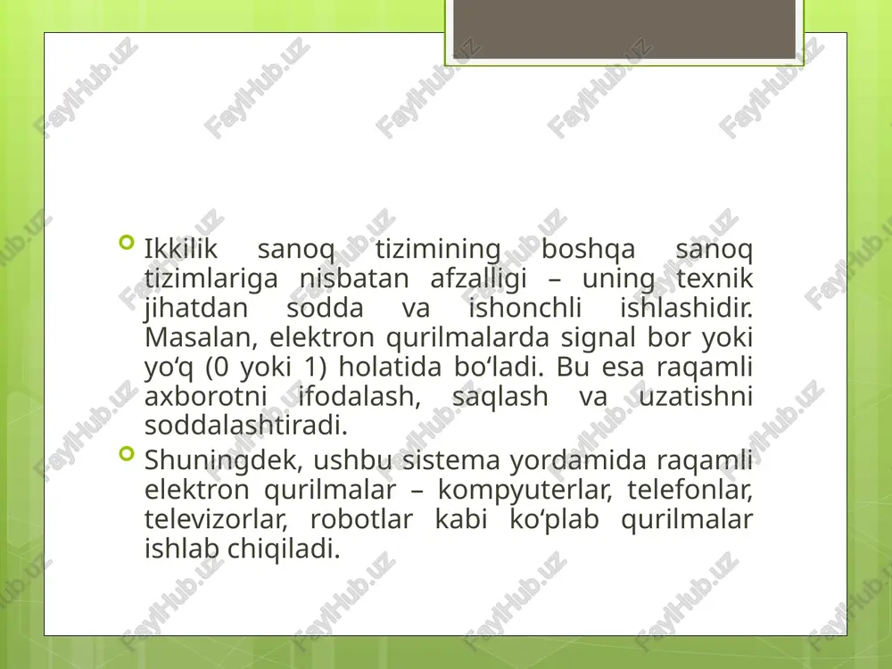 0 va 1 raqamlarining beqiyos o‘rni mavjud. foydalanilgan adabiyotlar leybnits g.v. ob'yasnenie dvoichnoy arifmetiki. – moskva: nauka, 2003. – 112 b. tanenbaum a. s. struktura operatsionnix sistem. – sankt-peterburg: piter, 2020. – 784 b. koffman, elliot b., and wolfgang, paul a. problem solving with c++. – pearson, 2019. stallings, william. computer organization and architecture: designing for performance. – pearson, 2021. qodirov n.r., aminov j.a. diskret matematika. – toshkent: tdyu nashriyoti, 2019. – 256 b. wikipedia. binary number. retrieved 2025-05-31. tanenbaum, andrew s., and austin, todd. structured computer organization. – pearson, 2016. hayitqulov i.m. raqamli elektronika asoslari. – toshkent: “fan va texnologiya”, 2018. – 198 b. image2.png /docprops/thumbnail.jpeg