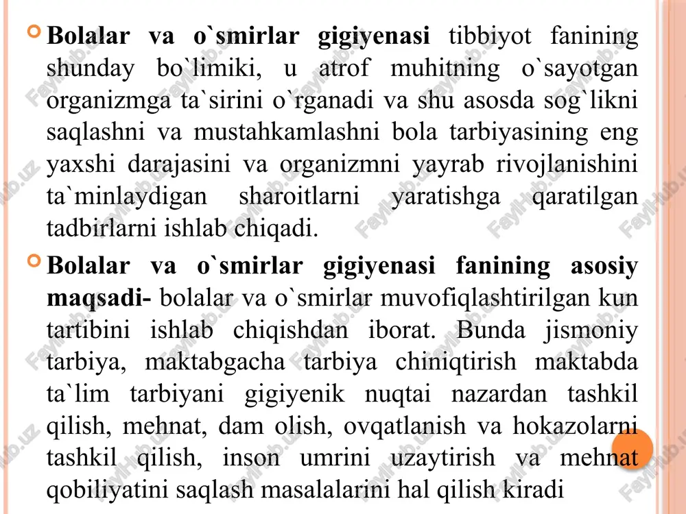 ichda aniqlanadi. o’lchashlarning ertalabki soatlarda o’tkazilishi kerak. o’lchash vaqtida bo’y o’lchagichning vertikal taxtasiga bola tanasining quyidagi qismlari tegib turishi kerak: kurak oraligidagi umurtqa pog’onasi, dumba sohasi, tovonlar; bosh biroz oldinga egilgan holda bo’ladi. bolaning bo’yini o’lchash vazn tibbiy tarozi yordamida aniqlanadi. bolaning yoshini hisobga olgan holda (bola nonushta qilgan bo’lishi shart- tahminan -0,3 kg) olingan qiymatlardan (ovqat uchun - 0,3 kg), kiyimlardan (yil fasllariga muvofiq -0,3-0,5 kg) va vazndan esa -0,5 kg (yozda) - 1 kg (qishda) olib tashlanadi. bolaning vaznini o’lchash kqa santimetrli tasma yordamida aniqlanadi, buning uchun tasma orqa tarafda kurak burchaklari sohasida, oldi tomonda esa, o’g’il bolalarda - 4 qobirg’a sohasida, qiz bolalarda ko’krak bezi aylanasining ustki qismida turishi kerak. ko’krak qafasi aylanasi (kqa) 2.fiziometrik ko’rsatkichlar mushaklar kuchi qo’l dinamometri yordamida (qo’l mushaklari kuchi) yoki oyoq dinamometri (orqa kurak atrofi va umurtqa pog’onasi yonidagi mushaklar kuchi). o’pkaning tiriklik sig’imi spirometr asbobi yordamida aniqlanadi. buning uchun bolaga spirometrga …