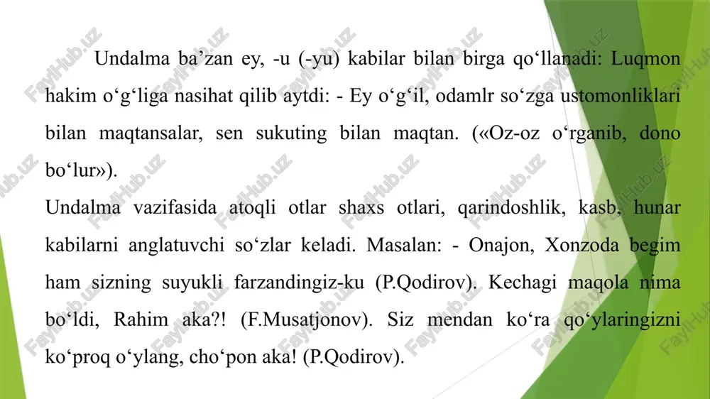 gan gaplar yoki so‘z-gaplar deyiladi. masalan: - assalomu alaykum, dada. (p.q.). ikki bosh bo‘lakli gapning tuzilishi ikki bosh bo‘lakli gap ikki grammatik tarkibi: ega tarkibi va kesim tarkibi mavjud bo‘lgan gapdir. ega yoki ega va unga taalluqli so‘zlar ega tarkibini tashkil etsa, kesim yoki kesim va unga taalluqli so‘zlar kesim tarkibini tashkil qiladi. bir bosh bo‘lakli gaplar bir bosh bo‘lakli gaplarning tuzilish asosi yo kesim tarkibidan, yo ega tarkibidan tashkil topadi. kesim yoki kesim tarkibidan tashkil topgan gaplarda ega, ega yoki ega tarkibidan tashkil topgan gaplarda kesim qatnashmaydi va bunday bo‘lakka ehtiyoj ham bo‘lmaydi. bunday gaplarda predikativlik bir bo‘lak bilan ifodalanadi. masalan: oyko‘lliklarni yaxshi gaplar bilan yo‘ldan qaytarishdi (p. q.). bugungi ishni ertaga qo‘yma. (maqol). yosh bo‘lsa ham ko‘p narsani boshidan kechirgan. (p.qodirov). oqshom chog‘i... vatan bo‘ylab qadam - qadamlab quyosh o‘tdi dengizlar, tog‘lar ortiga. (shayxzoda). aqlni beaqldan o‘rgan. (maqol). egasiz bir bosh bo‘lakli gaplar faqat kesim tarkibidan iborat bo`lib, …