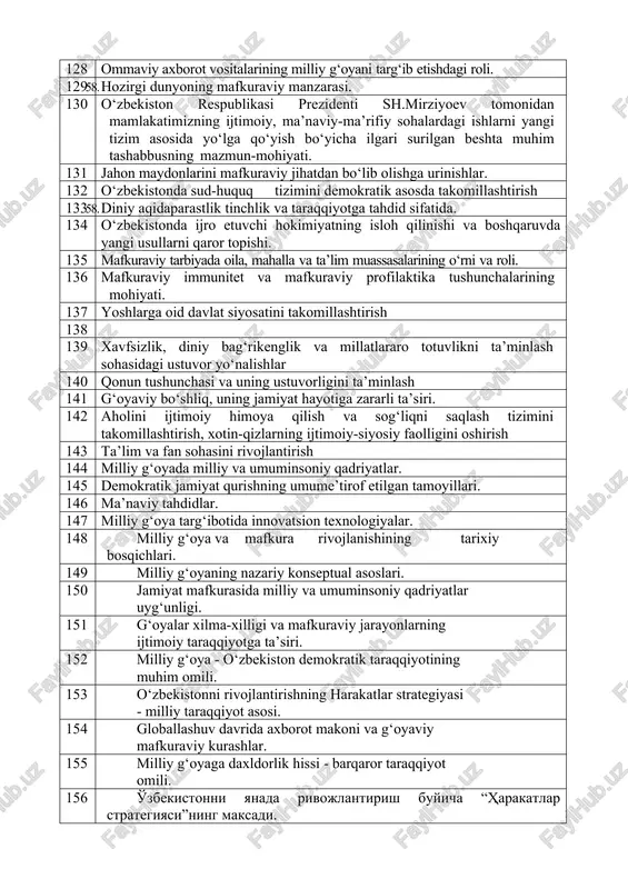 olatga qarshi ma’rifat” tamoyili asosida kurashishning zarurligi. 122 bugungi kunda o‘zbekistonga qarshi qaratilgan mafkuraviy tahdidlarning ko‘rinishlari. 123 6. xozirgi dunyodagi geopolitik maqsadlar va mafkuraviy siyosat. 124 chuqur o‘ylangan, o‘zaro manfaatli va amaliy tashqi siyosat sohasidagi ustuvor yo‘nalishlar 125 o‘zbekiston respublikasi vazirlar mahkamasining umumiy vakolatlari. 126 58. milliy g‘oya - tinchlik va barqarorlikni mustahkamlash omili. 127 6. milliy g‘oyani singdirishda fanning roli. 128 6. ommaviy axborot vositalarining milliy g‘oyani targ‘ib etishdagi roli. 129 58. hozirgi dunyoning mafkuraviy manzarasi. 130 6. o‘zbekiston respublikasi prezidenti sh.mirziyoev tomonidan mamlakatimizning ijtimoiy, ma’naviy-ma’rifiy sohalardagi ishlarni yangi tizim asosida yo‘lga qo‘yish bo‘yicha ilgari surilgan beshta muhim tashabbusning mazmun-mohiyati. 131 6. jahon maydonlarini mafkuraviy jihatdan bo‘lib olishga urinishlar. 132 o‘zbekistonda sud-huquq tizimini demokratik asosda takomillashtirish 133 58. diniy aqidaparastlik tinchlik va taraqqiyotga tahdid sifatida. 134 o‘zbekistonda ijro etuvchi hokimiyatning isloh qilinishi va boshqaruvda yangi usullarni qaror topishi. 135 6. mafkuraviy tarbiyada oila, mahalla va ta’lim muassasalarining o‘rni va …