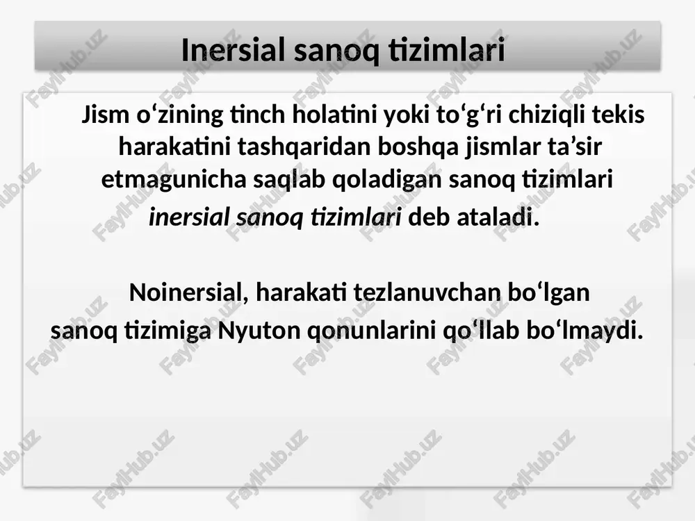 tizimini olaylik. alohida zarrachalar impulslarining vektor yig‘indisi sifatida tizimning impulsi tushunchasini kiritamiz vaqt bo‘icha integrallaymiz nyutonning ikkinchi qonunini qo‘llash orqali quyidagiga ega bo‘lamiz yopiq tizimning impulsi vaqt o‘tishi bilan o‘zgarmasdan qoladi. 32 qattiq jism aylanma harakati dinamikasi moddiy nuqta impulsining aylanish o‘qiga nisbatan inersiya momenti uning massasini aylanish radiusi kvadratiga ko‘paytmasiga teng bo‘lgan fizik kattalikdir. aylanish o‘qiga nisbatan tizimning inersiya momenti n moddiy nuqtalari massalarining ko‘rilayotgan o‘qqacha bo‘lgan masofalari kvadratlari ko‘paytmalarining yig‘indisiga teng fizik kattalikdir. inersiyaning bosh momenti – massa markazidan o‘tadigan, aylanishning bosh o‘qiga nisbatan inersiya momentidir. 33 qattiq jism aylanma harakati dinamikasining asosiy tenglamasi agarda aylanish o‘qi massa markazi orqali o‘tadigan bosh inersiya o‘qiga mos tushsa, u holda quyidagi vektor tenglik o‘rinli bo‘ladi: bu erda j — jism inersiyasining bosh momentidir. 34 qattiq jism aylanma harakati dinamikasining asosiy tenglamasi kuch ostida jismning cheksiz kichik burchakka burilishida, kuch qo‘yilgan nuqta yo‘l bosadi va bajarilgan ish quyidagiga teng bo‘ladi: u …