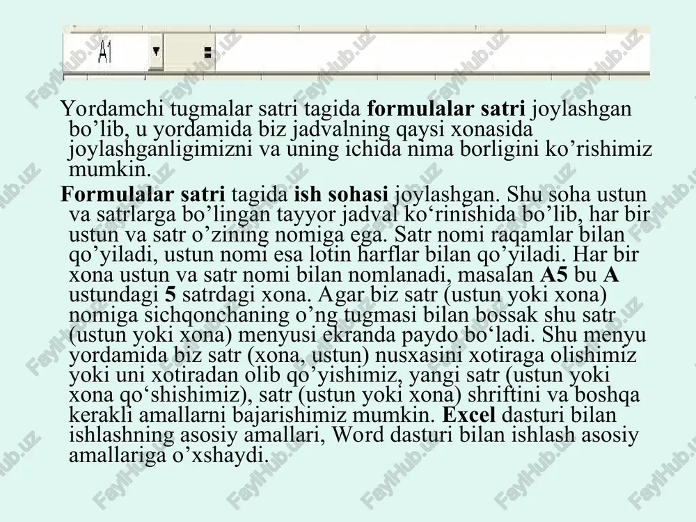 ish 30. ctrl + shift + ~ - sonli ma’lumotlar turini o‘rnatish 31. ctrl + shift + $ - pulli ma’lumotlar turini o‘rnatish 32. ctrl + shift + % - prosent ma’lumotlar turini o‘rnatish 33. ctrl + shift + ^ - eksponensial turini o‘rnatish 34. ctrl + shift + @ - vaqt ma’lumotlar turini o‘rnatish 35. ctrl + shift + ! - verguldan keyin 2 sonli ma’lumotlar turini o‘rnatish 36. ctrl + shift + = - xona, satr, yoki ustunni qo‘shishi 37. shift + f11, yoki alt+shift+f1 - yangi varaqa qo‘shish 38. alt + enter - bitta xona ichida bir necha satr bulishni ta’minlash 39. f2 - xonani ichini tahrirlash 40. f11 - diagramma yaratish 41. ctrl + 0 - ustunni ko’rinmas qilish 42. ctrl + 9 - satrni ko’rinmas qilish 43. shift + ctrl + 0 - ustunni ko‘rsatish 44. shift + ctrl + 9 -satrni ko‘rsatish 45. ctrl …