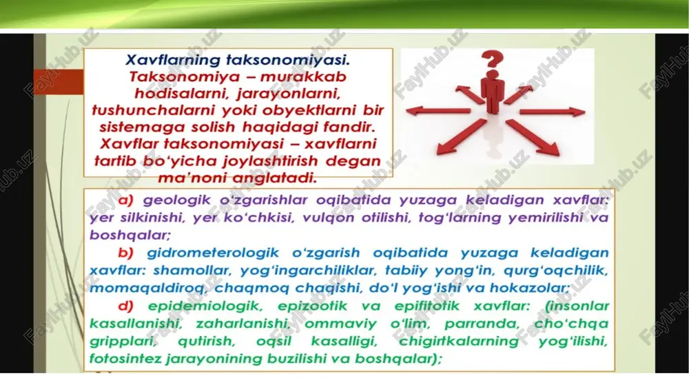 ni buzilishiga olib kelish xavfi bilan tavsiflanadi. noksosfera – doimiy yoki davriy xavf sodir bo‘ladigan yoki mavjud bo‘lgan maydon. noksosfera maydonida xavfli va zararli omillar miqdori (darajasi) doimo ruxsat etilgan miqdordan katta bo‘ladi, gomosfera – inson o‘z faoliyat jarayonlari davrida bo‘ladigan muhit, joy, maydon (mehnatdagi, sport bilan shugullanayotganda, dam olish vaqtida va b.). hayot faoliyati xavfsizligini ta'minlash, insonlarning hayoti va faoliyatini xavfsizligini oshirish uchun muhimdir. bu jarayon bir qator chora-tadbirlarni o'z ichiga oladi: ta'lim va tarbiya: xavfsizlik bo'yicha treninglar o'tkazish. xavfsiz ish amaliyotlari va qoidalari haqida ma'lumot berish. xavfsizlik qoidalari: ish joylarida xavfsizlik qoidalarini ishlab chiqish va amalga oshirish. favqulodda vaziyatlar uchun reja tuzish. texnik va texnologik chora-tadbirlar: zamonaviy texnologiyalarni qo'llash, xavfsizlikni oshirish chun.ish joylarida xavfsizlik uskunalarini o'rnatish va ularni muntazam ravishda tekshirish. sog'liqni saqlash: sog'liqni saqlash va sanitariya talablariga rioya qilish.stressni boshqarish va psixologik yordam ko'rsatish. monitoring va nazorat: xavfsizlik tizimlarini muntazam ravishda nazorat qilish. xavfsizlik holatini baholash va …