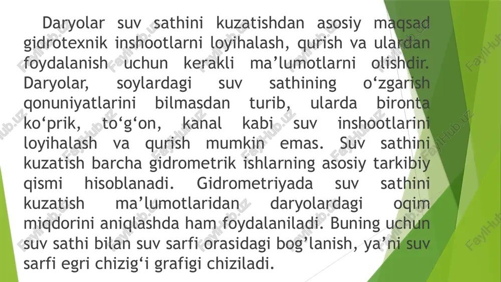 ham chuqurlik o’lchash mumkin. lekin, aksariyat hollarda, unga tezlik o’lchaydigan asbob o‘rnatilib, suvning oqish tezligi o‘lchanadi. suv o’lchash reykasi bilan kichik soylar, buloq suvlari oqadigan o'zanlar va ariqlarning chuqurligi o’lchanadi. a) namyotka b) qo’l loti gidrometrik reyka gidrometrik shtanga hozirgi kunda qo’llanilayotgan zamonaviy ultratovush usuli bilan chuqurlikni o‘lchash aniq natija beradi. bu usul yordamida chuqurlikni qisqa vaqt ichida juda tez aniqlash mumkin. unda qo’llaniladigan asbob exolot deyiladi va u asosan, dengiz, okean va qisman ko‘llarda ishlatiladi. daryolar sayoz bo‘lgani uchun chuqurliklarni o‘lchashda bu asbob qo'llanilmaydi. exolot bilan 1 soatda 20 km gacha bo’lgan masofadagi chuqurlikni aniqlash mumkin. biroq suvning loyqaligi, sho‘rligi, harorati chuqurlikni o’lchash aniqligiga salbiy ta’sir qiladi. aniqlikni oshirish maqsadida olchangan chuqurlikka tuzatma kiritiladi. ultratovushning suvda tarqalish tezligi 1 sek da 1462 m ga teng. bu usulda xatolik 1 % dan oshmaydi. exolot daryo uzunligi bo‘yicha o‘zan tubi nishabligi, o‘zan tubi g‘adir-budirligining o‘zgarishi, o'zanning torayishi yoki kengayishi kabi omillar …