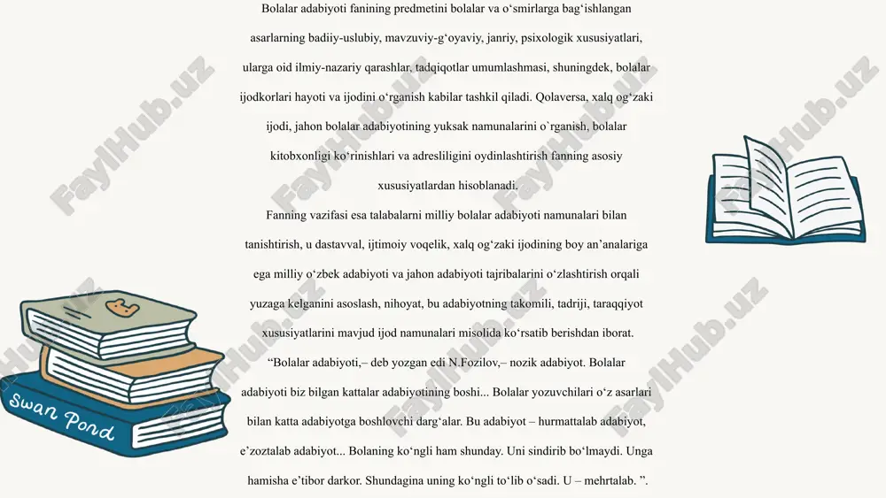 r ziyoli, ijodkor va ma’rifatparvar adib uchun dolzarb edi. abdulla avloniyning she’rlarida esa aynan maktab yoshidagi kichkintoylar tasavvuri, qiziqishlari, tili va tushunchasi ustuvor. a.avloniy bolalarga xos samimiy fikrlarini o‘ynoqi satrlarda tasvirlash bilan birga, vatan va uning qismati bilan bog‘liq jiddiy mulohazalarni-da bayon etadi. a.avloniy shu tariqa, “birinchi muallim” va “ikkinchi muallim” kitoblarida yosh kitobxonlar tafakkuriga mos ilm xosiyati va ilmsizlik oqibati to‘g‘risida pandnoma tarzidagi satrlarni bitgan bo‘lsa, “maktab gulistoni”dagi she’r, hikoya va masallarda ijtimoiy dolzarb muammolarni ham qamrab olgani ayonlashadi. zero, bunday she’rlar orqali yosh avlodni ma’rifatga da’vat etish bilan birga, ularni vatanparvar, o‘z millatiga, yurtiga sadoqatli qilib tarbiyalash maqsadi ham ko‘zlangan. muhimi esa ulardagi betakror badiiy tashbehlar, tasviriy ifoda usullari hamda so`z san’atiga xos nozik didning bolalar qalbiga ko`cha borishidir. zotan, a.avloniy va h.h.niyoziy bolalar adabiyotiga ilk qadamlaridayoq alohida mehr, hurmat bilan yondashgani, o`zlarining ulug` shoirlik iste’dodidan joy ajratgani diqqatga sazovor. “turkiy guliston yoxud axloq” a.avloniyning axloqiy-ta’limiy asaridir. bu …