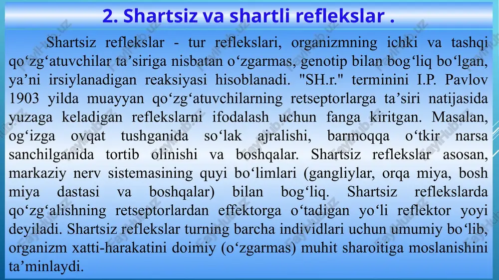 z reflekslar muayyan bir retseptor maydonga berilgan adekvat ta’sirlovchilarga javoban yuzaga chiqadi 4. shartli reflekslar esa turli retseptiv maydonlarga qo‘yilgan turli-tuman ta’sirotlarga javob yuzaga chiqara oladi. 5. shartsiz reflekslar yuzaga chiqishida markaziy nerv sistemasining quyi bo‘limlari yetakchi o‘rinni egallaydi. 5. shartli reflekslar yuzaga chiqishida markaziy nerv sistemasining oliy bo‘limlari yetakchi o‘rinni egallaydi. 6. shartsiz refleksni hosil bolishida vaqtincha aloqa vijudga kelishi zarur emas. 6. shartli refleksni hosil qilish uchun vaqtincha aloqa vijudga kelishi zarur. itlarda chiroqqa shartli refleks hosil qilish: 1-holat, itda go‘shtni ko‘rinishiga shartli so‘lak oqish reaksiyasi. 2-holat, avval qizil chiroqni yoqib, itga go‘sht berilganda chiroqqa nisbatan shartli so‘lak oqish refleksini hosil qilinishi. 3-holat, qizil chiroq yonishiga shartli so‘lak oqish refleksini (go‘sht berilmasdan avval qizil chiroq yoqilganda) hosil qilish. shartli refleksni hosil qilish uchun quyidagilarga amal qilish shart. shartli refleks hosil qilish uchun shartli signal (masalan, qo‘ng‘iroq) ovqat bilan bog‘langan holda qo‘llanilishi shart; shartli ta’sirlovchi shartsiz ta’sirlovchidan sal oldin …