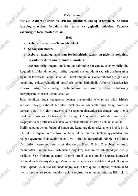 'nta kuchlar) yoki yangiroq va umuman aniqroq iec ikkilik prefikslari (ikkining kuchi) orqali asosiy birlikning ko'paytmalari sifatida ifodalanishi mumkin. 1928 yilda ralf xartli 1945 yilda klod shennon tomonidan yanada rasmiylashtirilgan asosiy saqlash tamoyilini kuzatdi: tizimda saqlanishi mumkin bo'lgan ma'lumotlar ushbu tizimning n mumkin bo'lgan holatining logarifmiga proportsionaldir, bilan belgilanadi. bazani o'zgartirish logarifmning b dan boshqa c soniga o'tishi logarifm qiymatini sobit doimiyga ko'paytirish effektiga ega, ya'ni = (). shuning uchun b bazani tanlash axborotni o'lchash uchun ishlatiladigan birlikni aniqlaydi. xususan, agar b musbat butun son bo'lsa, u holda birlik b mumkin bo'lgan holatlarga ega bo'lgan tizimda saqlanishi mumkin bo'lgan axborot miqdoridir. b=2 bo'lsa, birlik bir "bit" ning axborot mazmuniga teng bo'lgan shannondir. masalan, 8 ta mumkin bo'lgan holatga ega tizim = 3 bitgacha ma'lumotni saqlashi mumkin. nomlangan boshqa birliklarga quyidagilar kiradi: baza b = 3 birlik "trit" deb ataladi va (≈ 1,585) bitga teng.[3] baza b = 10 birlik o'nlik …