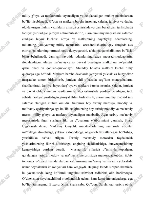 slom dini va islomiy ilmlar – ilmi kalom, ilmi rivoyat, ilmi tavhid, aqida ilmi asosida rivojlanib bordi. insonning dunyoni aql yordamida bilishiga asoslangan ilmi hikmat sharq uyg‟onish davri an‟analari asosida rivojlandi va vorisiylik asosida keyingi davr ilm-fani rivojiga bevosita o‟z ta‟sirini ko‟rsatdi. xalqimiz, davlatchiligimiz tarixida vujudga kelgan ma‟rifatparvarlik, jadidchilik harakatlari ham o‟z davri uchun muhim va dolzarb bo‟lgan milliy g‟oya va milliy mafkuraga taalluqli bo‟lgan fikr va g‟oyalarni ilgari surishdi. tarixiy ma‟naviy merosimiz va milliy davlatchiligimiz an‟analarida ham vorislik asosida milliy mustaqillik g‟oyasi va mafkurasida ilgari surilgan fikr va g‟oyalar mavjud bo‟lib, bugungi kunda ulardan milliy g‟oya va mafkuraning tarixiy ildizi sifatida foydalanishga harakat qilinmoqda. masalan, jadidchilik mafkurasida mustaqillik g‟oyasi ilgari surilgan, xususiy mulkning muqaddasligi e‟tirof etilgan, diniy e‟tiqod erkinligi qo‟llab-quvvatlangan, tarixiy ma‟naviy merosga tayanish zarurligiga e‟tibor qaratilgan, dunyoviy ilm-fan va madaniyatni egallashga da‟vat etilgan. tarixiy ma‟naviy merosimizdagi ushbu fikr va g‟oyalar milliy g‟oya va mafkuramiz tayanadigan va oziqlanadigan muhim …