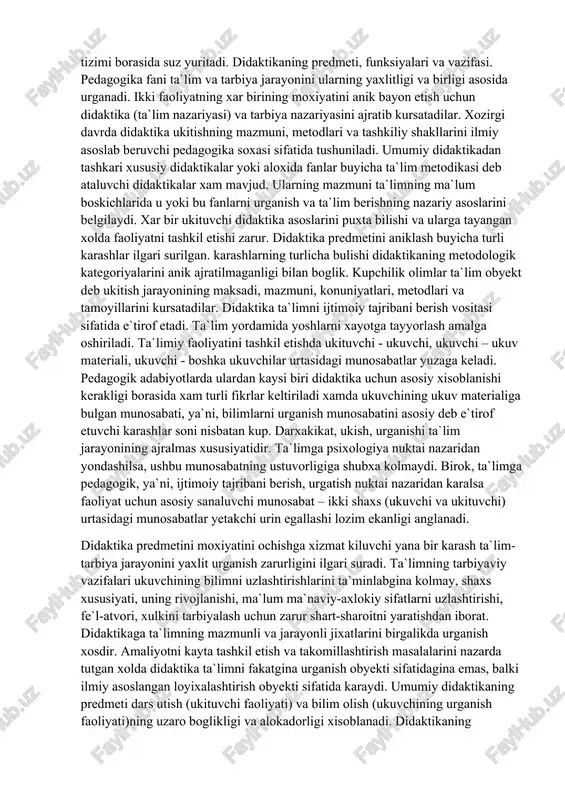 tashkil qilishni taqozo etadi. maʼlumki, har qanday shaxs muayyan geografik muhitda shakllanadi. uning tabiatida oʻsha muhitga xos jihatlar muhrlangan boʻladi. shuning uchun ham oʻqitish jarayonida mintaqaviy xususiyatlarni hisobga olish tamoyili ham didaktikaning zarur talablaridan biridir. oʻzrning „kadrlar tayyorlash milliy dasturi“da mazkur tamoyilga alohida eʼtibor qaratilgan. tarbiyaning ustuvorligi ham bugungi oʻzbek didaktikasining asosiy tamoyillaridan sanaladi. komil shaxsni tarbiyalash har qanday taʼlim muassasasining asosiy vazifasiga aylandi. maʼnaviyatni shakllantirish maksad darajasiga koʻtarilgan sharoitda tarbiyaga ustuvor maqom berilishi tabiiydir. milliy didaktika oʻquvchilarni taʼlim jarayonining ishtirokchilarigina emas, balki ijrochilari deb qarashni ham koʻzda tutadi. taʼlim oʻquvchilarning ichki ehtiyojiga aylanmasa, ular bu jarayonda faol ishtirok etmasalar, hech qanday ijobiy samaraga erishib boʻlmaydi. didaktika taʼlim usullari muammosini ham qamrab oladi. oʻqituvchi biror predmet boʻyicha oʻquvchilarning tizimli bilim olishini taʼminlash maqsadi sari intilar ekan, maʼlum ishlarning bajarilish namunasini koʻrsatadi. ayni vaqtda, u taʼlimning barcha bosqichlarida uquvchining faolligi va mustaqilligini taʼminlaydi. oʻquvchilar oʻqituvchi rahbarligida tajriba va kuzatuvlari asosida yangi …