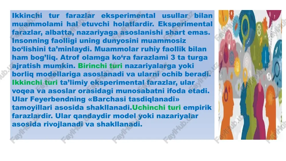 rning ma'lum darajasida) o'rtasidagi munosabatlarning mazmunli talqinini o'z ichiga oladi. sabab-oqibat (sabab-oqibat) gipotezasi - np va gp o'rtasidagi sabab-oqibat munosabatlari haqidagi gipoteza. sababli gipoteza o'zgaruvchilar o'rtasidagi munosabat yoki bog'liqlik to'g'risidagi bayonotni o'z ichiga oladi, ya'ni eksperimental davolash sifatida ishlaydigan boshqalarning o'zgarishi tufayli bog'liq o'zgaruvchilardagi o'zgarishlar yo'nalish 1.4. gipotezalar. nazariy, empirik va statistik gipotezalar. nazariy gipoteza - bu konstruktsiyalar orasidagi bog'lanishlar yoki konstruktsiyalar va xatti-harakatlar o'rtasidagi bog'lanishlar haqidagi gipoteza. aniq eksperimental shartlar asosidagi nazariy gipotezalar ishchi farazlarga aylanadi. eksperimental ish doirasidagi ishchi gipotezalar, o'z navbatida, eksperimental gipotezalarga ham aylantiriladi, chunki eksperiment statistik, mantiqiy, algoritmik, stoxastik va boshqa dalillar turlari orqali o'rganilayotgan o'zgaruvchilarning bog'lanishlari yoki ketma-ketligi to'g'risida natijalarni olishni o'z ichiga oladi. 1.4. empirik va statistik gipotezalar. empirik gipotezalar - empirik gipoteza empirik gipoteza mantiqiy farazning teskarisidir. bu hozirda ilmiy izlanishlar orqali tekshirilayotgan va aniq ma'lumotlarga asoslangan gipoteza. bu "ishchi gipoteza" sifatida ham tanilgan. statistik gipotezalar - qayd etilgan parametrlarni taqqoslash tartibini …