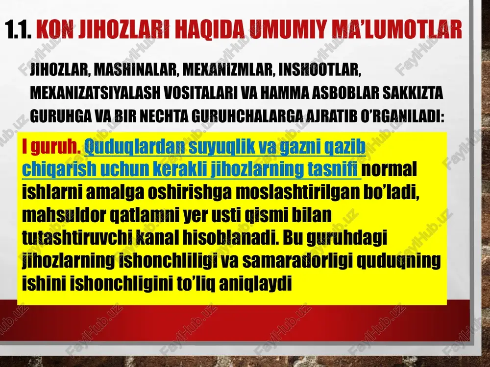 lgan quduqlarda qo’llaniladi. qurilmaning tarkibiga nasos qurilmasining birikmasi orqali quduqqa tushiriladigan gidravlik uzatmali nasoslar, yer usti kuch beruvchi uzatmali nasoslar, gidravlik uzatma, quduq nasosiga ishchi suyuqlikni haydagich va ishchi suyuqliklar tayyorlanadigan tizimlar kiradi. bir quduq orqali bir nechta har xil tasniflarga ega bo’lgan qatlamlardan foydalanadigan jihozlar bir stvolga joylashtiriladi va tarkibiga har xil turdagi jihozlarning majmuasi kiradi (favvora va nasoslar), natijada bir quduq orqali ko’p qatlamli neft va gaz konlari birgalikda ishlatiladi va ishlatish quduqlarining soni qisqartiriladi. iii guruh. birinchi holatda yer osti ta’miri kapital ta’mirlash, ikkinchidan esa – quduqni joriy ta’mirlash deyiladi. bundan tashqari shu guruhdagi jihozlar orqali quduq kapital ta’mirdan keyin ba’zida esa burg’ilangandan so’ng o’zlashtiriladi. bu guruhdagi jihozlardan quduqlarni favvora, gazlift yoki nasos ko’targichlar yordamida jihozlashda ham foydaniladi. guruhga quyidagi jihozlar kiradi: ko’targichlar – tushirish-ko’tarish operatsiyalarida quduq ichidagi favvora va gazliftlarning hamma turdagi quduq nasoslarini, quvur tizmasini, shtangani, kabellarni ko’tarib olishda qo’llaniladi. barqaror (ko’chmas) yuk ko’taruvchi inshootlar …