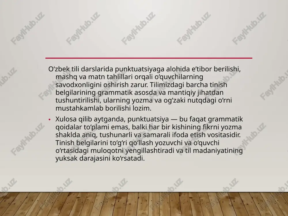 q noto‘g‘ri ishlatilganda chalkashlikka olib keladi. masalan, qo‘shtirnoq ochilib-yopilmay qolsa, yoki qavs ichida keraksiz matn berilsa, bu o‘quvchini chalg‘itadi. shu sababli, bu belgilarni o‘rganish va ularni amaliyotda to‘g‘ri qo‘llash ko‘nikmasi — savodxonlikning muhim qismi hisoblanadi. har bir tinish belgisi o‘z o‘rnida, o‘z vazifasi doirasida ishlatilgandagina u o‘z estetik va grammatik kuchini ko‘rsatadi. xulosa o‘zbek tilida punktuatsiya — yozma nutqning muhim tarkibiy qismi bo‘lib, u matnning grammatik, mantiqiy va ohangdorlik jihatdan to‘g‘ri tuzilishini ta’minlaydi. har bir tinish belgisi (vergul, nuqta, savol belgisi, ikki nuqta, qo‘shtirnoq, qavs, tire, nuqtali vergul va boshqalar) o‘ziga xos vazifani bajaradi va yozuvchining fikrini aniq, tushunarli va ta’sirli yetkazishda muhim vosita sifatida xizmat qiladi. tinish belgilarining to‘g‘ri ishlatilishi matnning mazmunini oson anglash, fikrlararo bog‘liqlikni aniqlik bilan ko‘rsatish, ifoda aniqligi va ohangni belgilashda yordam beradi. shuningdek, punktuatsiya savodxonlikning muhim mezoni sifatida har bir yozuvchi, o‘quvchi va nutq egasi uchun muhim ko‘nikma hisoblanadi. ayniqsa, murakkab gaplar, ko‘chirma gaplar, izohli …