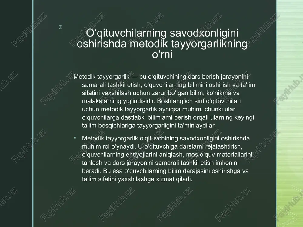 igina haqiqiy ma'noda savodli, samarali va yetuk pedagog bo‘la oladi. z foydalanilgan adabiyotlar xalilova, n. (2020). boshlang‘ich ta’lim metodikasi asoslari. toshkent: o‘zbekiston pedagogika nashriyoti. qodirova, d. (2022). “boshlang‘ich sinf o‘qituvchisining kasbiy mahorati va savodxonligi.” ilm-fan va innovatsiyalar, №4, 33-37. hasanboyeva, m. (2019). zamonaviy pedagogik texnologiyalar. toshkent: ilm ziyo. abdullaeva, g. (2021). “malaka oshirish va o‘qituvchilarning kasbiy rivoji.” ta’lim jarayoni muammolari, №2, 20-24. g‘ofurov, a. (2018). boshlang‘ich ta’limda o‘qituvchining pedagogik tayyorgarligi. toshkent: fan va texnologiya. unesco (2017). global education monitoring report: literacy for life. paris: unesco publishing. vygotsky, l. s. (1978). mind in society: the development of higher psychological processes. cambridge: harvard university press. jonassen, d. h. (2000). computers as mindtools for schools: engaging critical thinking. merrill/prentice hall. z image2.png image3.png /docprops/thumbnail.jpeg