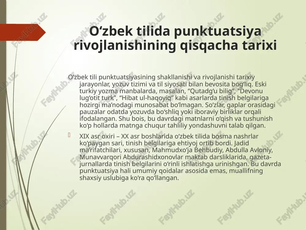 xiy o‘zgarishlar, yozuv tizimlari va ta’lim siyosatlari ta’sirida shakllangan. zamonaviy o‘zbek punktuatsiyasi asoslari xx asrning boshlarida belgilanib, keyinchalik rus tilining ta’siri ostida yanada tartibga solindi. bugungi kunda punktuatsiya o‘zining aniq qoidalari bilan til savodxonligi va madaniyatining ajralmas qismi hisoblanadi. foydalanilgan adabiyotlar jo‘raev, m. (2008). o‘zbek tili punktuatsiyasi. toshkent: o‘zbekiston milliy ensiklopediyasi nashriyoti. xaitov, z. (2014). hozirgi o‘zbek adabiy tili. toshkent: o‘qituvchi nashriyoti. g‘ulomov, a. (2005). til va uslub masalalari. toshkent: fan nashriyoti. normurodov, i. (2019). yozma nutq va punktuatsiya. samarqand: samdu nashriyoti. boboxonov, s. (2012). til madaniyati va savodxonlik asoslari. toshkent: o‘zbekiston respublikasi xalq ta’limi vazirligi. o‘zbekiston respublikasi xalq ta’limi vazirligi. (2020). o‘zbek tili darsliklari va metodik qo‘llanmalar. internet manbalari: www.ziyonet.uz – o‘zbek tiliga oid metodik materiallar. www.lex.uz – rasmiy hujjatlar va me’yoriy materiallar. /docprops/thumbnail.jpeg